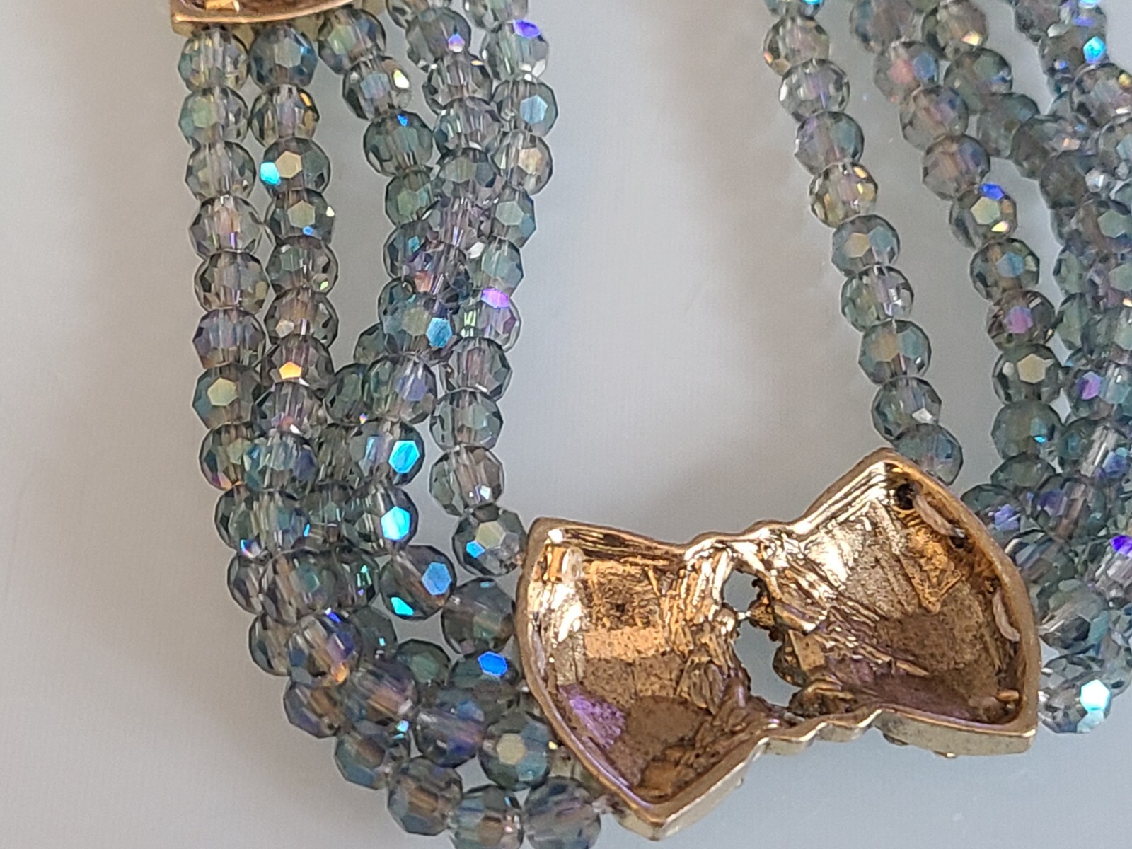 FAB DESIGNER UNSIGNED 5 STRAND CRYSTAL BIB AURORA BOREALIS BOW NECKLACE WOWSER