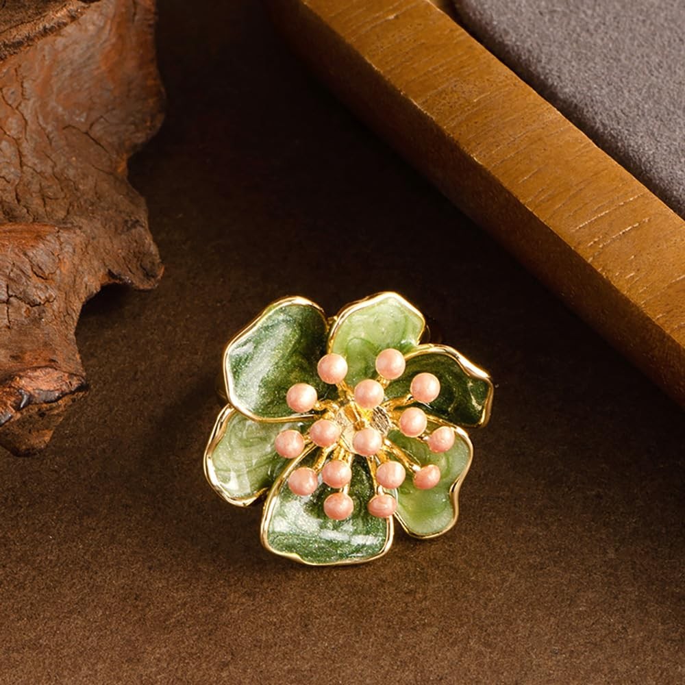 Vintage Camellia Flower Statement Ring for Shiny Green Enamel Floral Ring Eng…