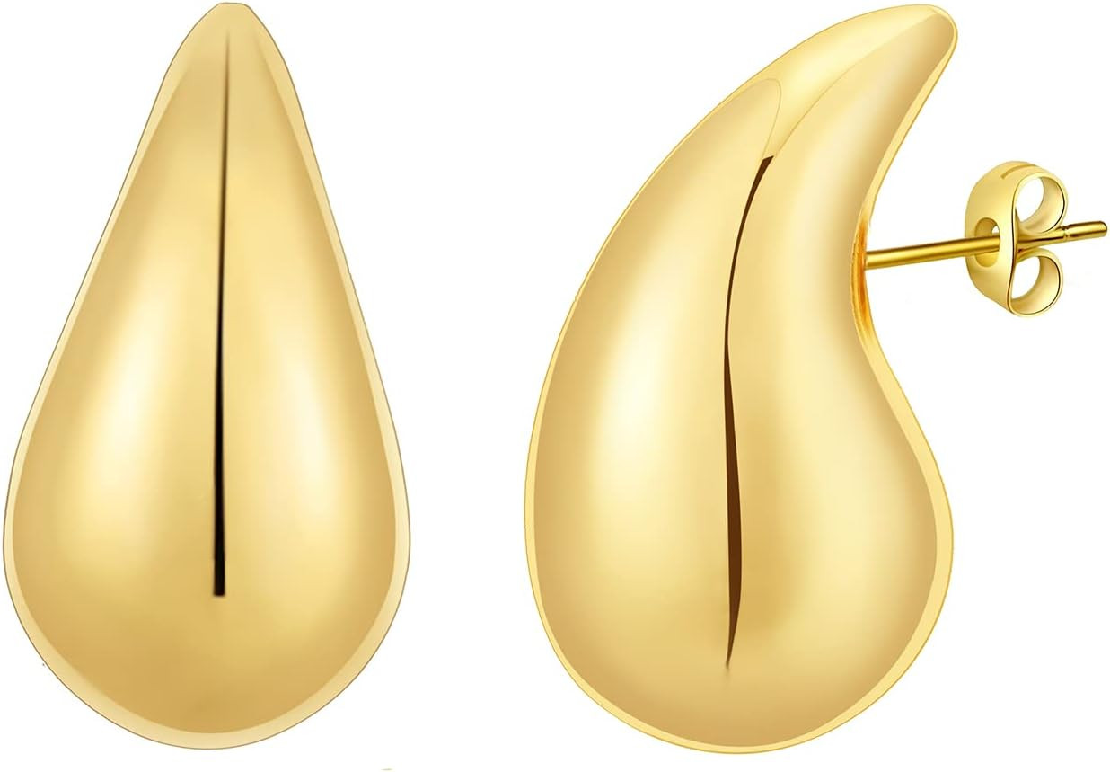Chunky 14K Gold Plated Hoop Earrings for Women, Lightweight Waterdrop Hollow Ope