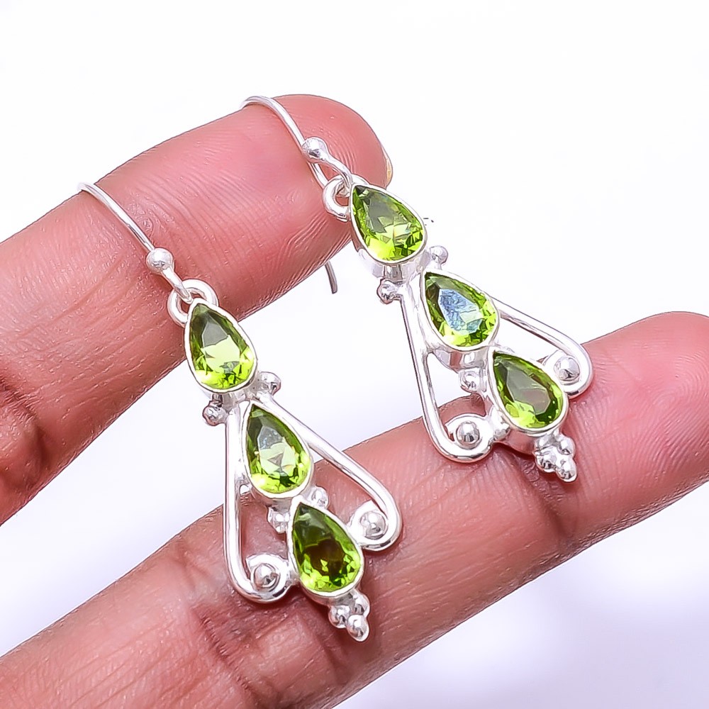 Peridot Multi Collet 925 Sterling Silver Earring 1.95″ E1, Christmas Gift