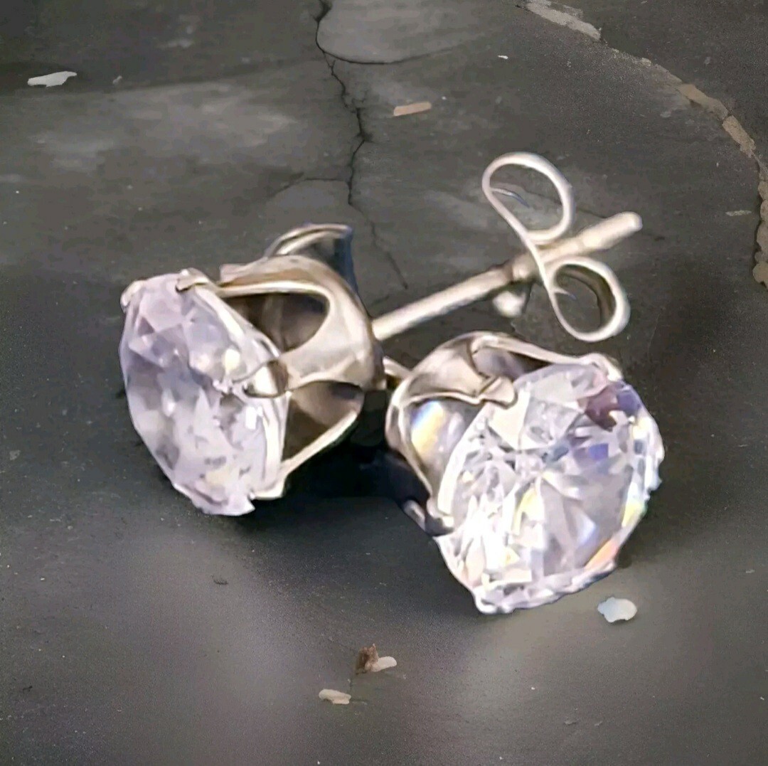 Cubic Zirconia Silver Round Diamond Earrings Stainless 3mm 4mm 5mm 7mm 8mm