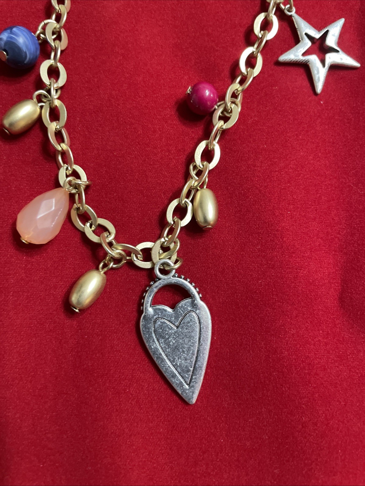 CHICOS Gold Tone Chain Necklace Varied Charms Heart 34″ Long New