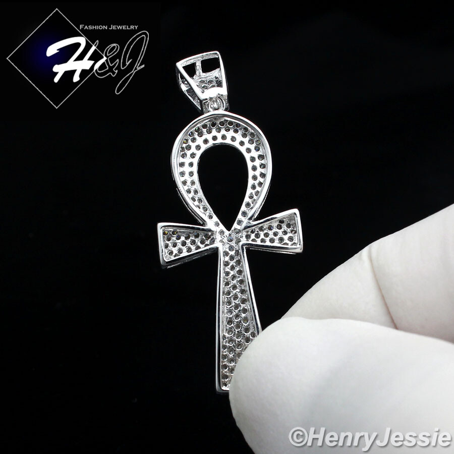 MEN WOMEN SOLID 925 STERLING SILVER ICY BLING CZ ANKH KEY CROSS PENDANT*SP93