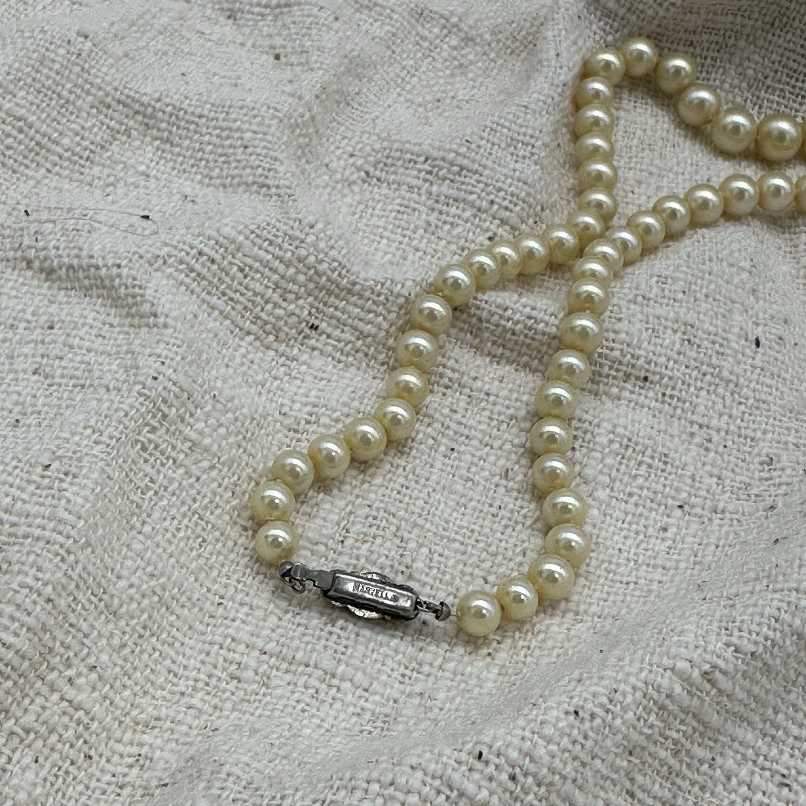 Vintage Marvella Graduated Pearl Necklace Rhinestone Clasp Signed 16″