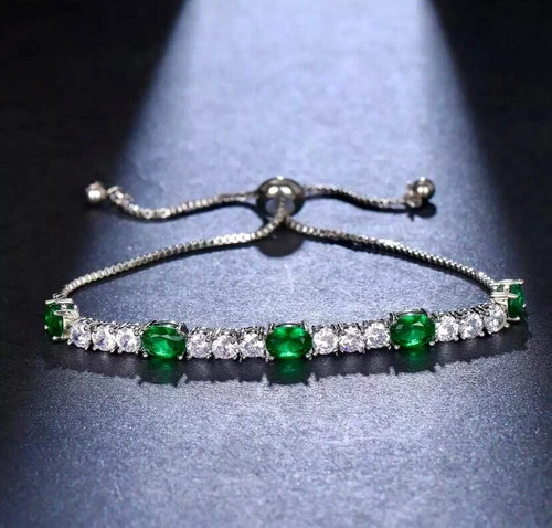 18K White Gold Plated Bolo Tennis Bracelet Made Simulated Diamond Green Stone