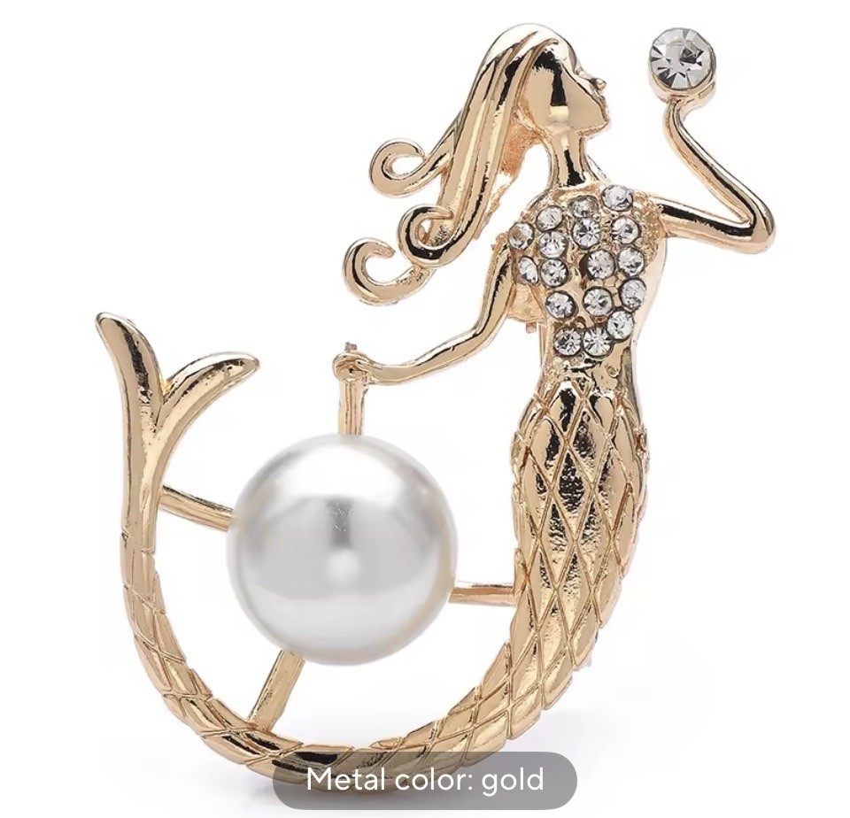 Mermaid Pin Brooch Pearls Stones Gold Ocean Sea Life Fashion Statement NEW
