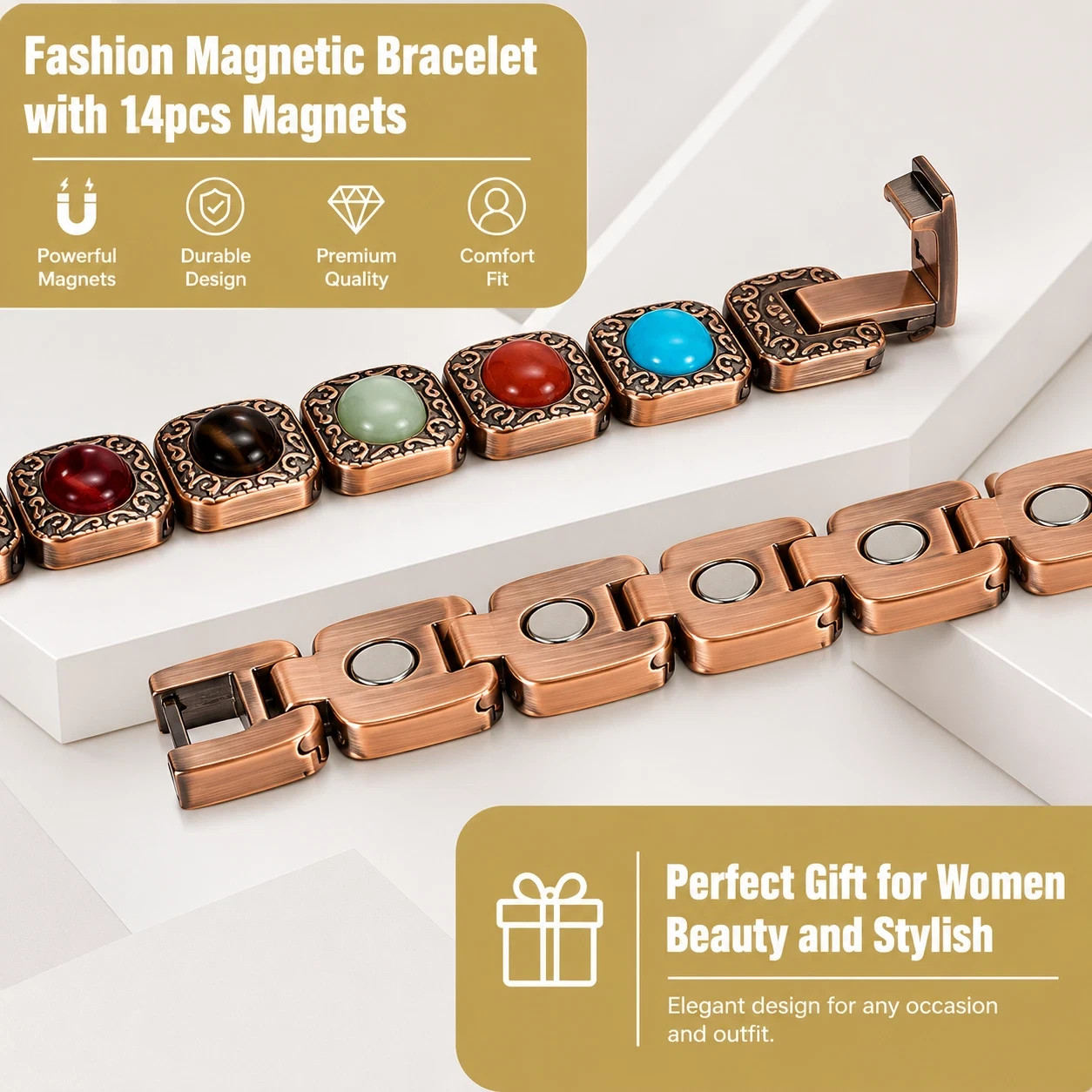 99.99% Pure Copper Magnetic Cuff Bracelet Women Natural Stone Gift