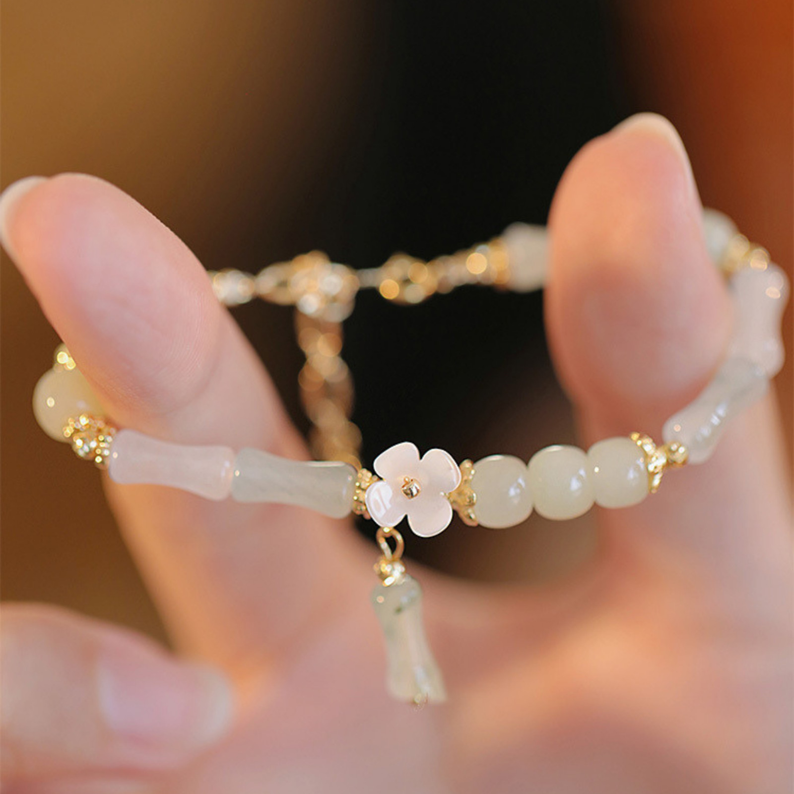 Genuine Hetian Jade Bracelet Bamboo Style Mother of Pearl Flower Gold Plated