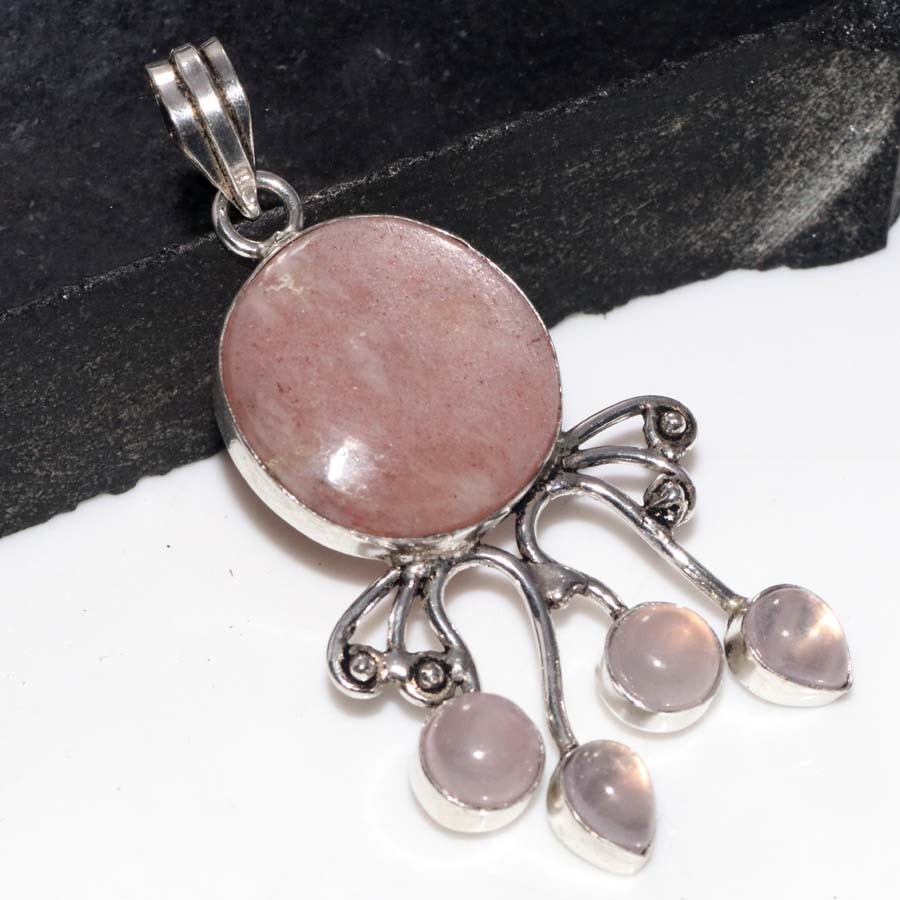 925 Silver Plated Exclusive Sri-Lankan Moonstone Rose Quartz Pendant 2.3″ GW