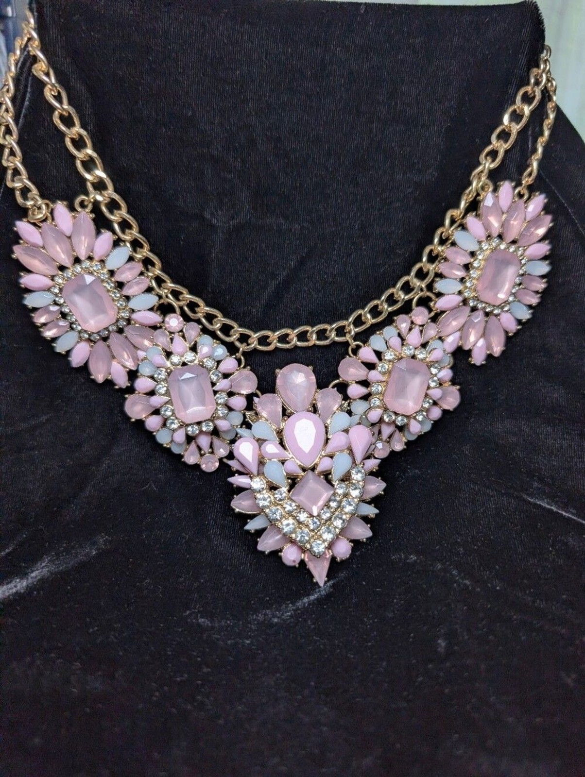 Pastel Rhinestone Statement Bib Necklace Romantic Coquette Glam Gold Feminine