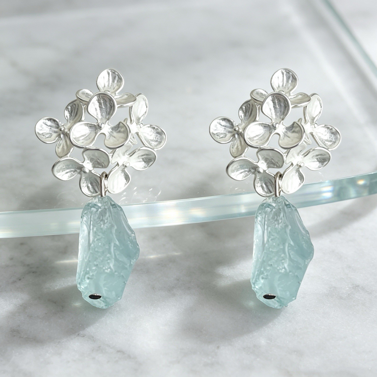 Handmade Floral Dangle Earrings Natural Aquamarine Rough 925 Silver Posts Only
