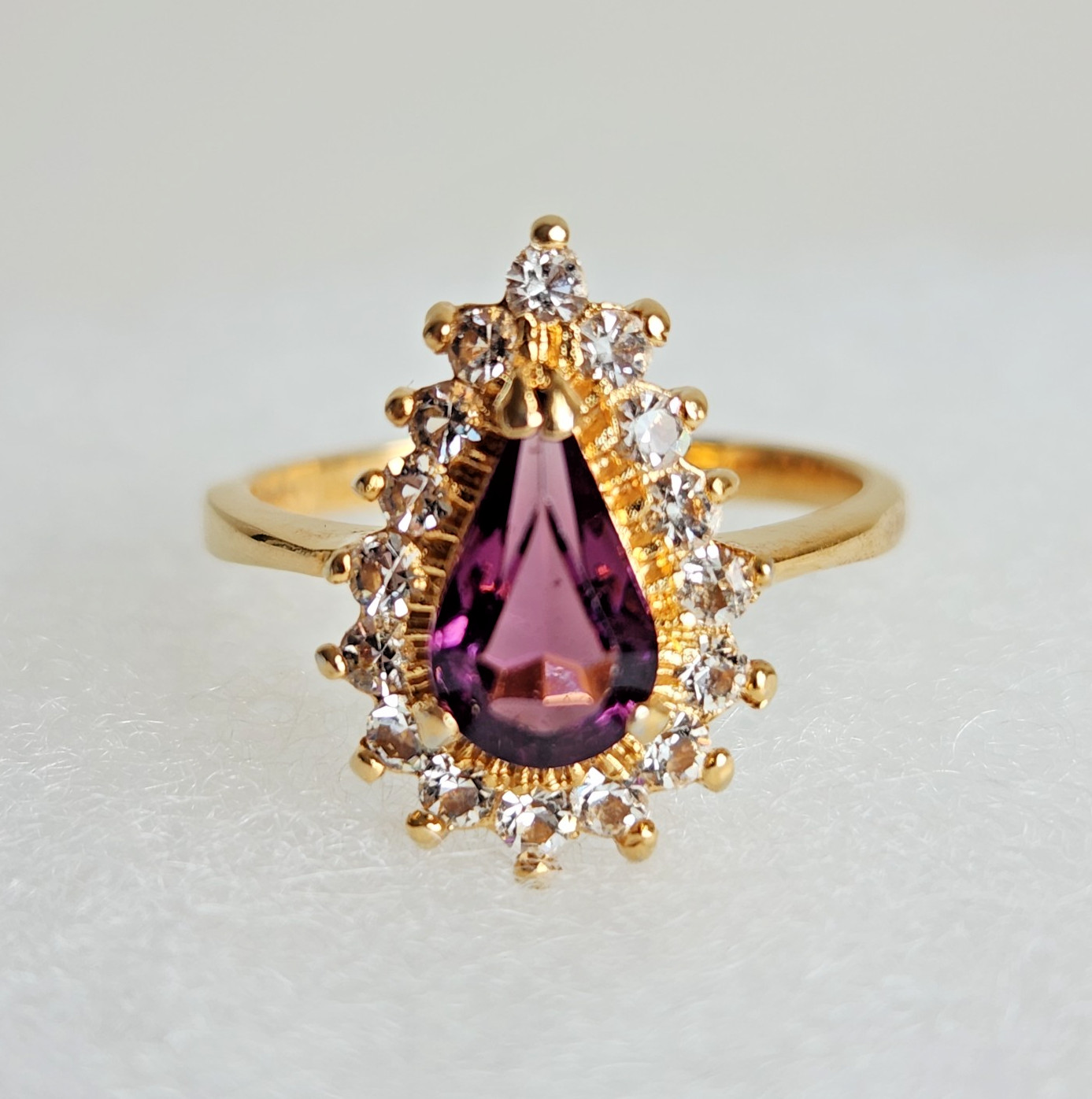 Size 10.5 Gold Tone Teardrop CZ Ring Purple Stone Halo Statement Thailand