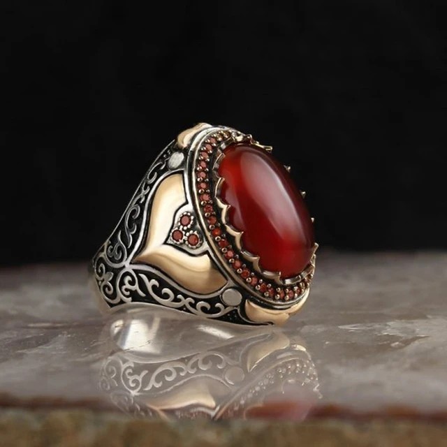 Men Vintage Signet Ring Turkish Silver Tone Green Zircon Carved Biker Punk