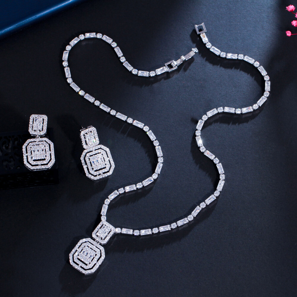 Silver Plated Long Drop Earrings Wedding Necklace Cubic Zirconia CZ Jewelry Set