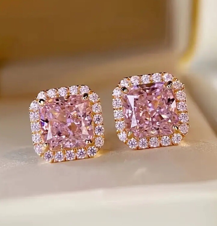 Exquisite 18k Gold Plated Pink Zircons Square Stud Earrings Copper Base