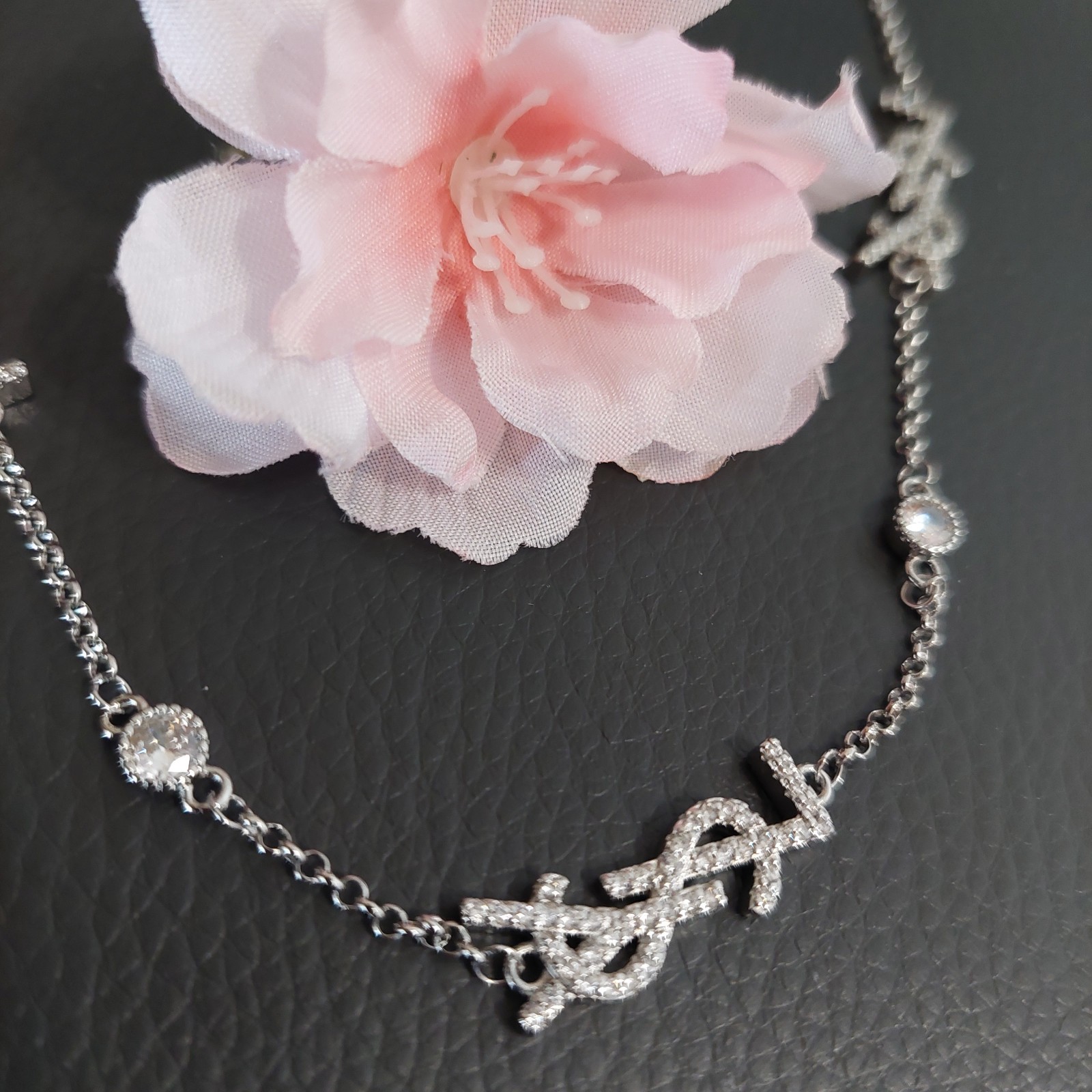 Auth. Yves Saint Laurent Signature YSL Logo Choker Crystal Studded Necklace