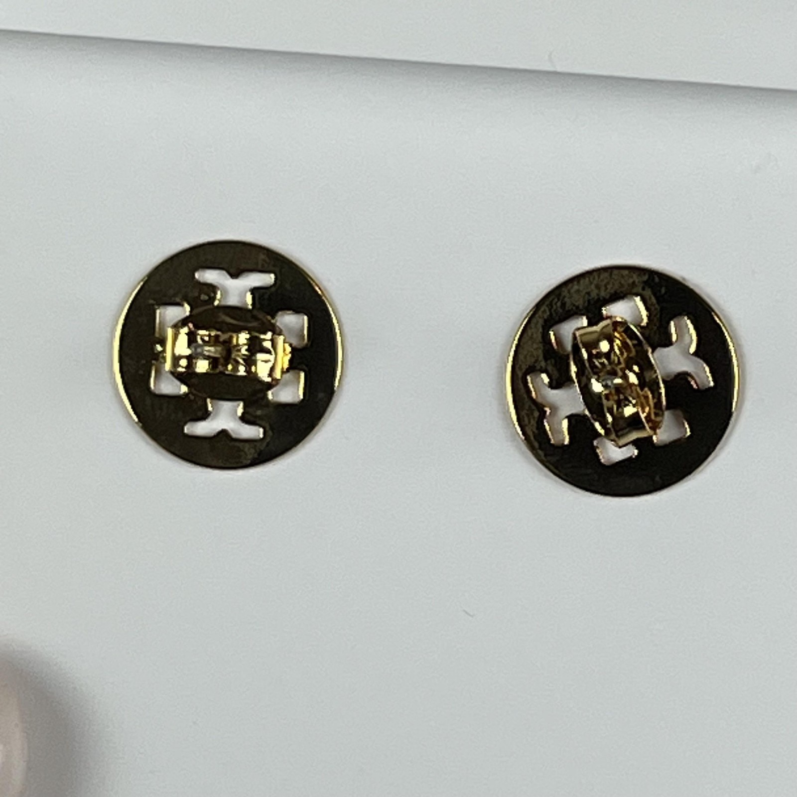 Tory Burch Gold Tone Round Logo Stud Earrings Women Jewelry Statement Elegant