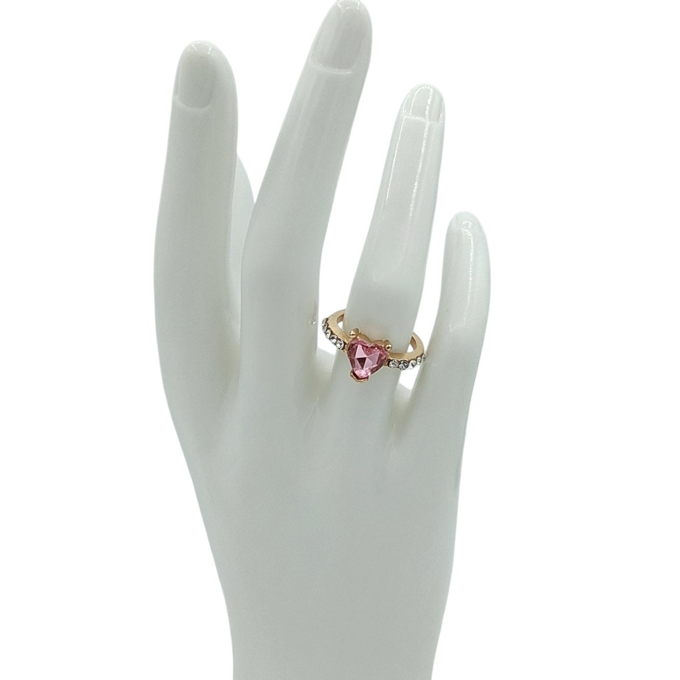 Gold Tone Pink Heart Rhinestone Ring Size 6.5 Romantic Valentine’s Fashion