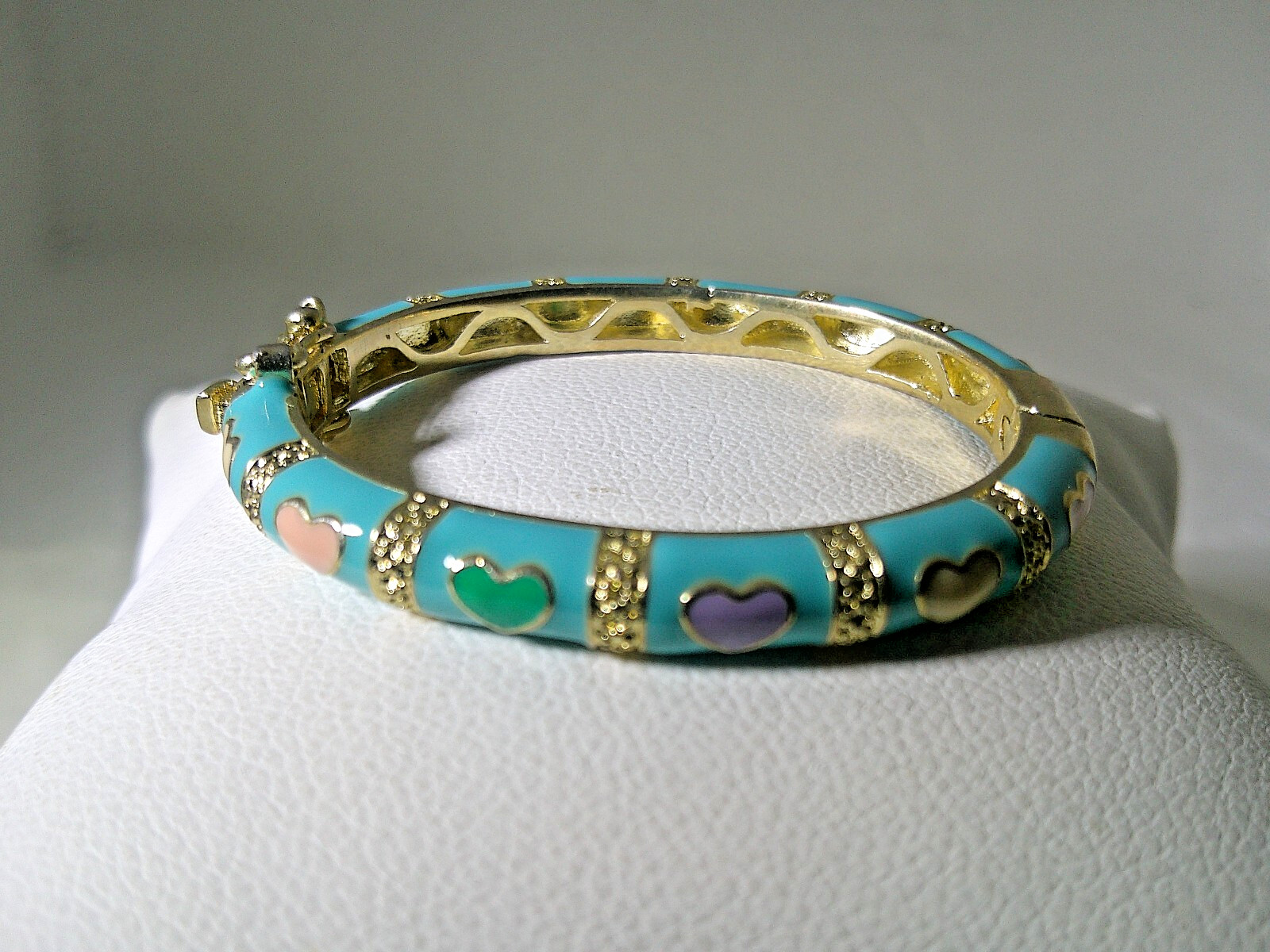 BABY BANGLE BRACELET IN BRASS WITH BLUE, PINK & PURPLE ENAMEL 1 3/4″ X 1 1/4″