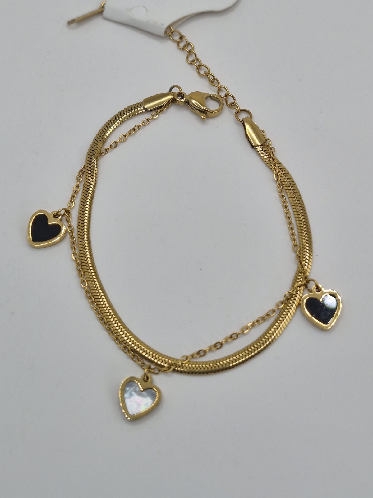 Gold Tone Double Snake Chain Charm Bracelet Black & White Heart Dangle