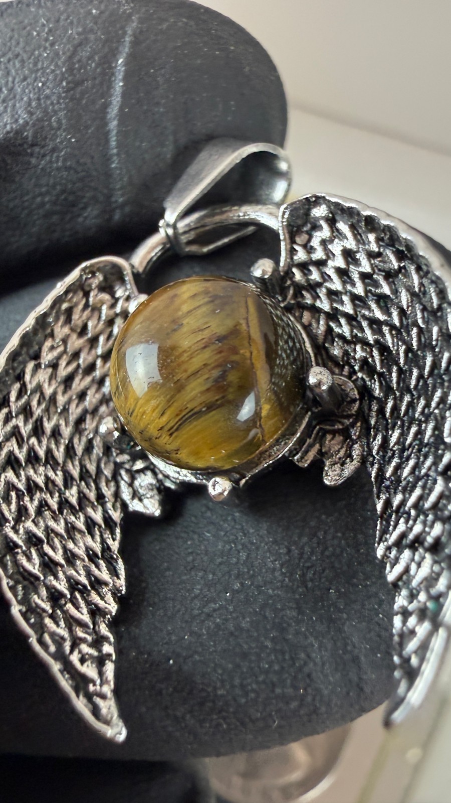 Angel Wing Tiger’s Eye Pendant | Silver Tone Fantasy Gothic Jewelry