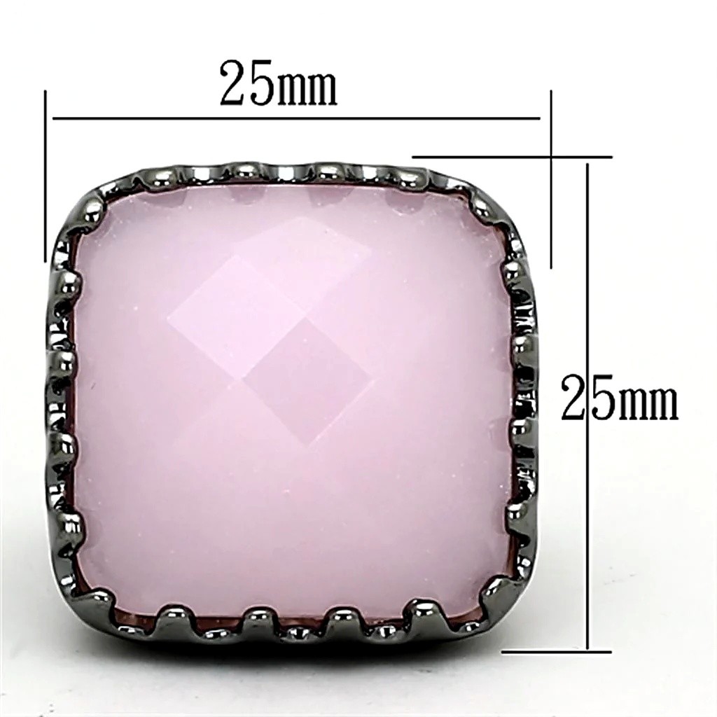 Women’s Ring, Light Rose Glass, Ruthenium Plated, Brass, dark metal, cushion cut
