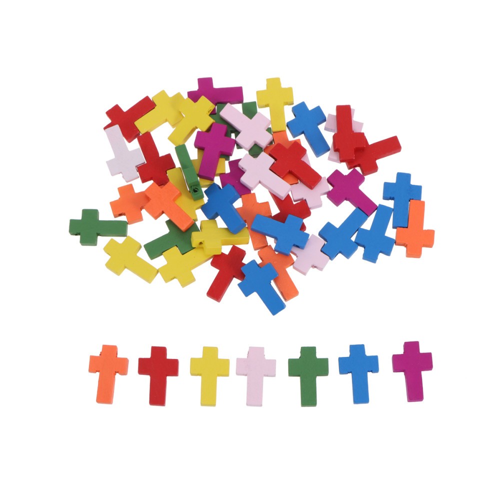 50Pcs Wooden Cross Pendant Multi Color DIY Necklace Charms Lightweight Durable