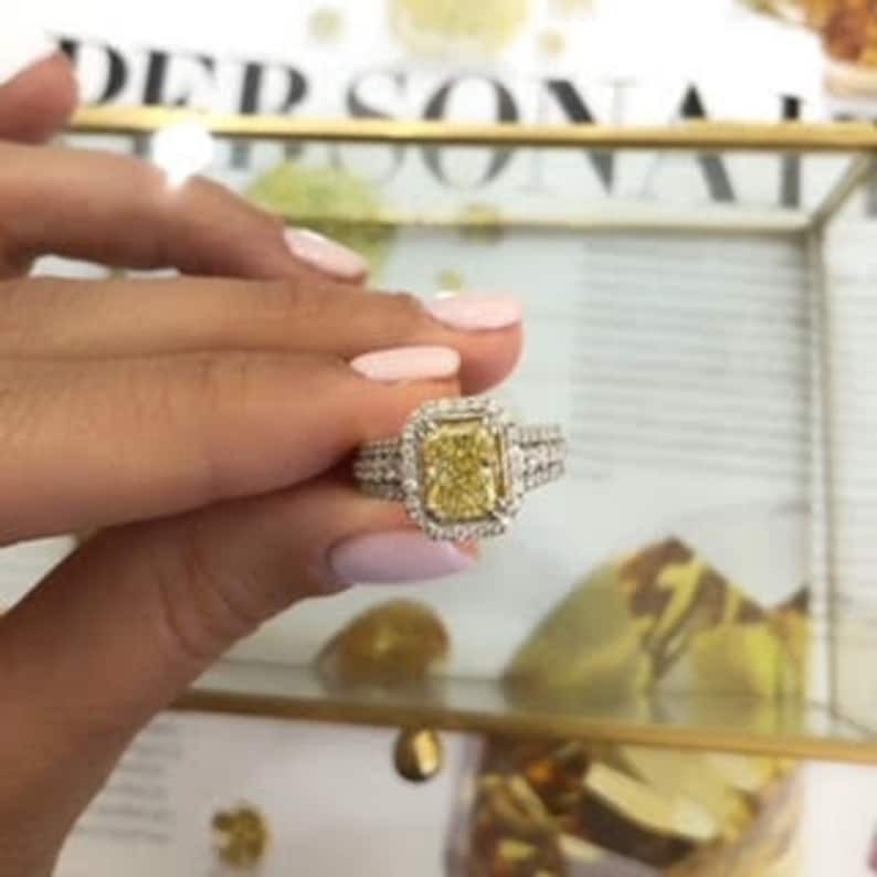 Fancy Yellow 3 Rows Shank Diamond Ring Radiant Cut CZ Diamond Engagement Ring