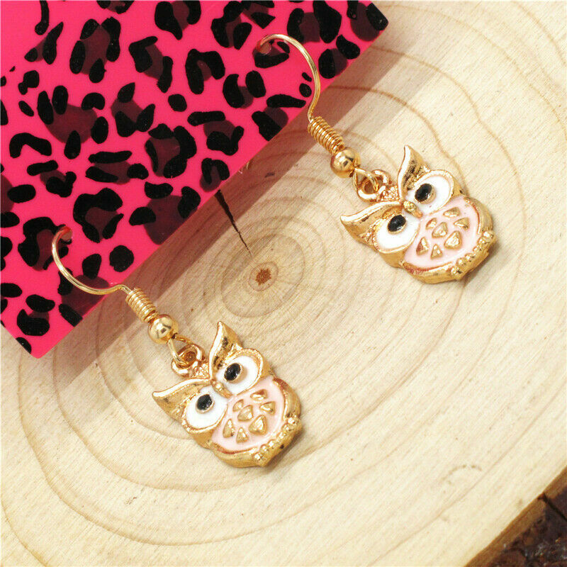 Cute New Yellow Gold Pink & White Enamel Owl Charm Hook Dangle Earrings