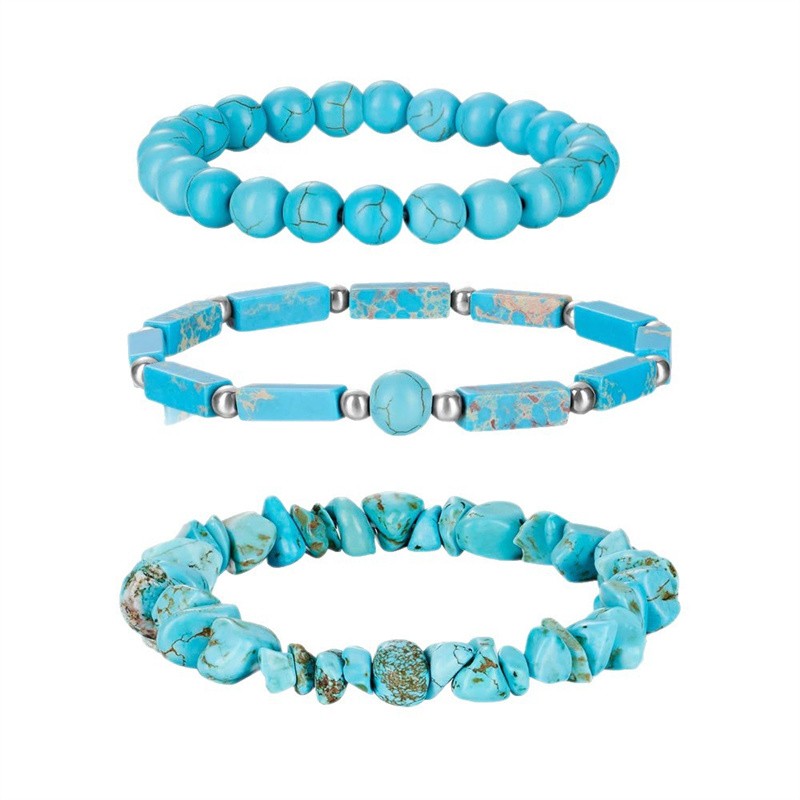 3pcs Blue Turuqoise Round Ball & Chips & Oblong Stretchy Bracelet 7.5″ C877