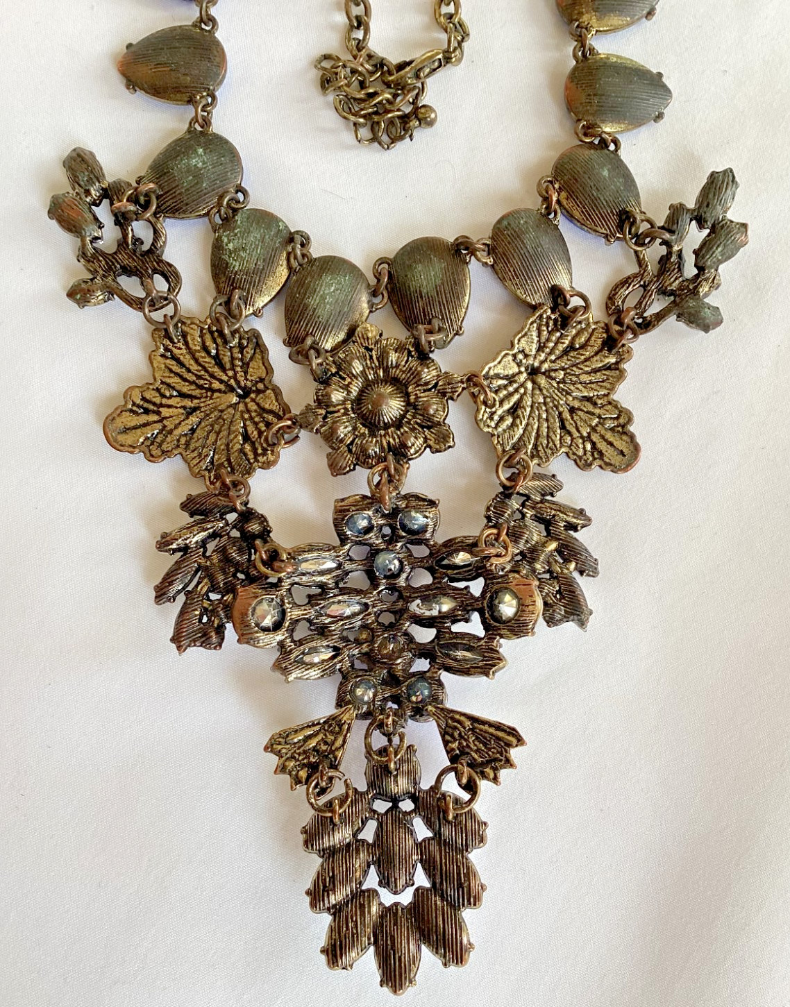 Spring Street Blue and Clear Rhinestone and Antiqued Brass Statement Necklace