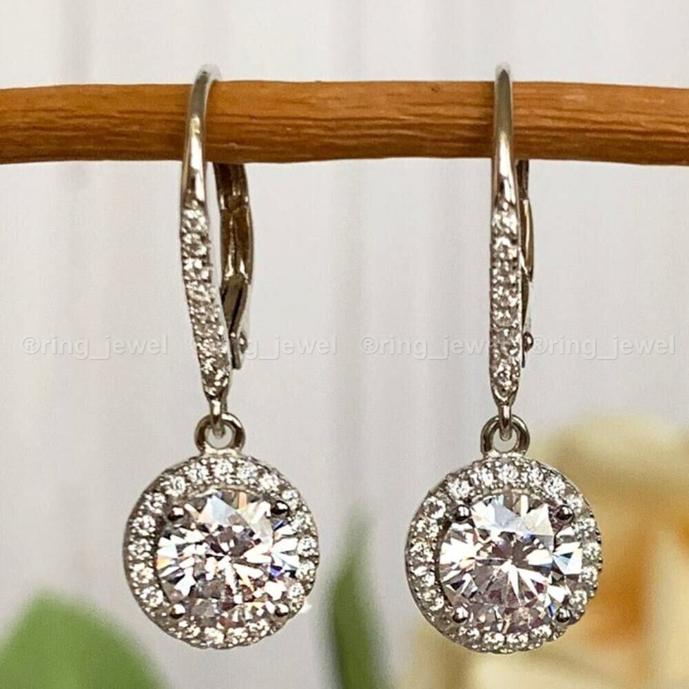Moissanite Drop/Dangle Earrings Solid 14K White Gold 3.00 CT Round Cut For Gift
