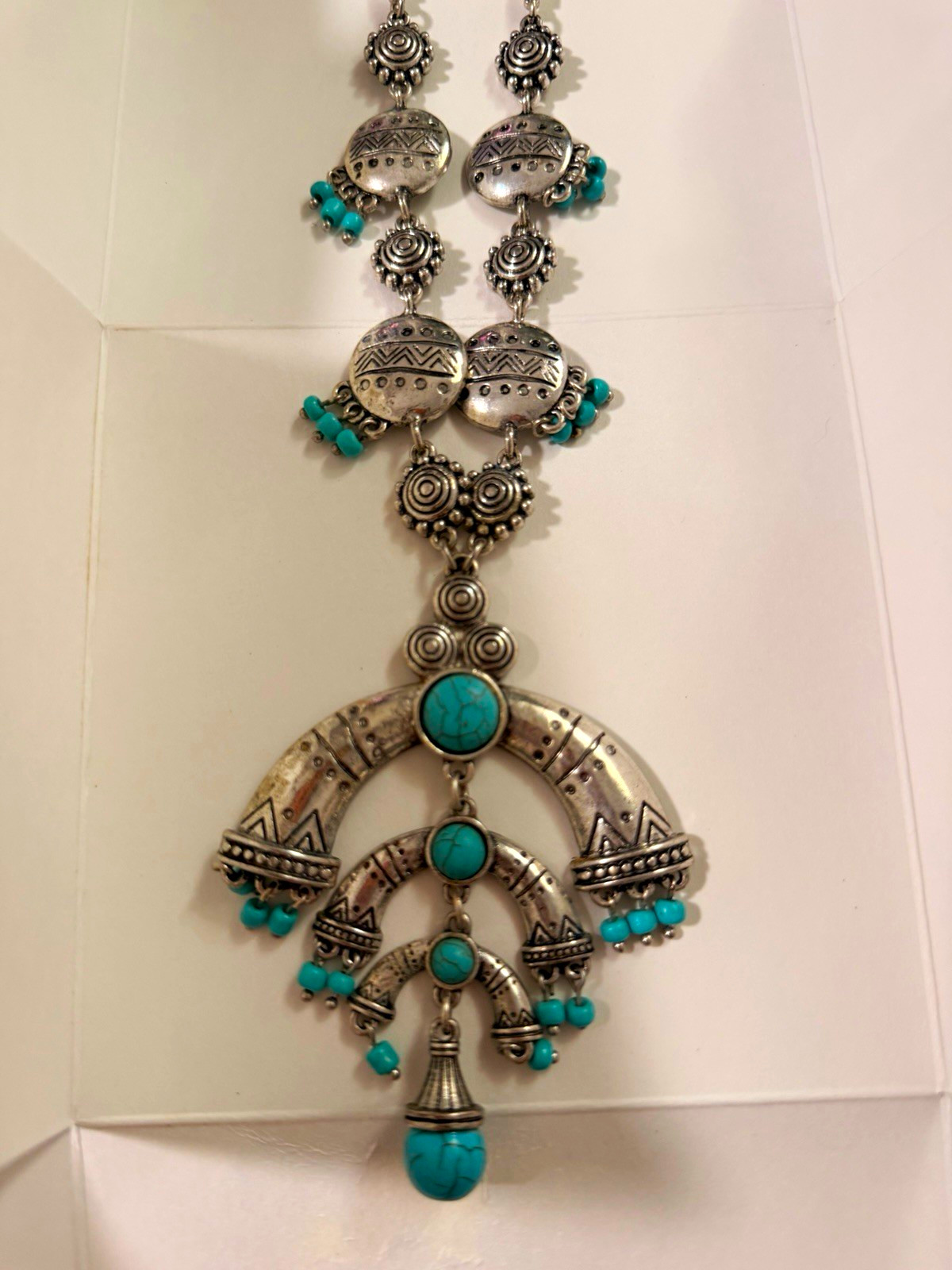 Jules B Signed Southwestern Boho Statement Necklace Faux Turquoise Silver Tone