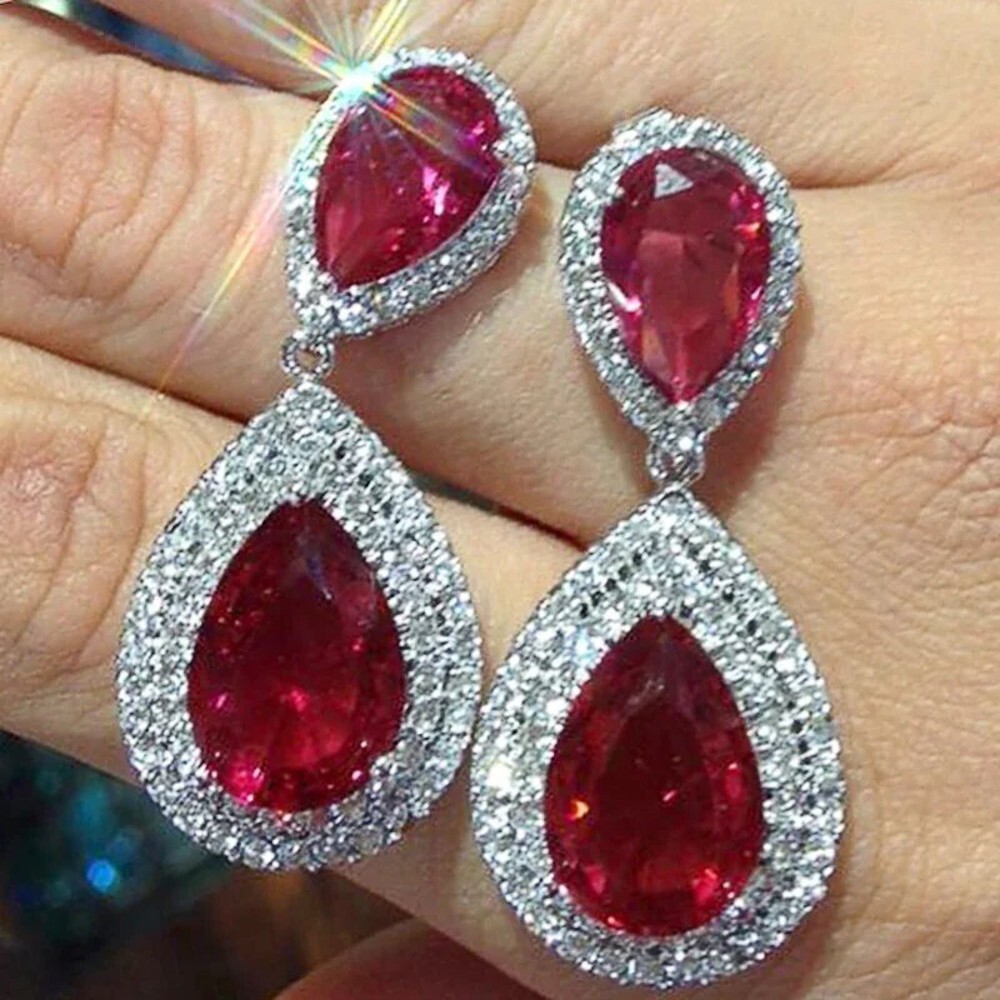 AAA Cubic Zirconia Luxury Red Drop Sparkling Hanging Earrings Wedding Jewelry