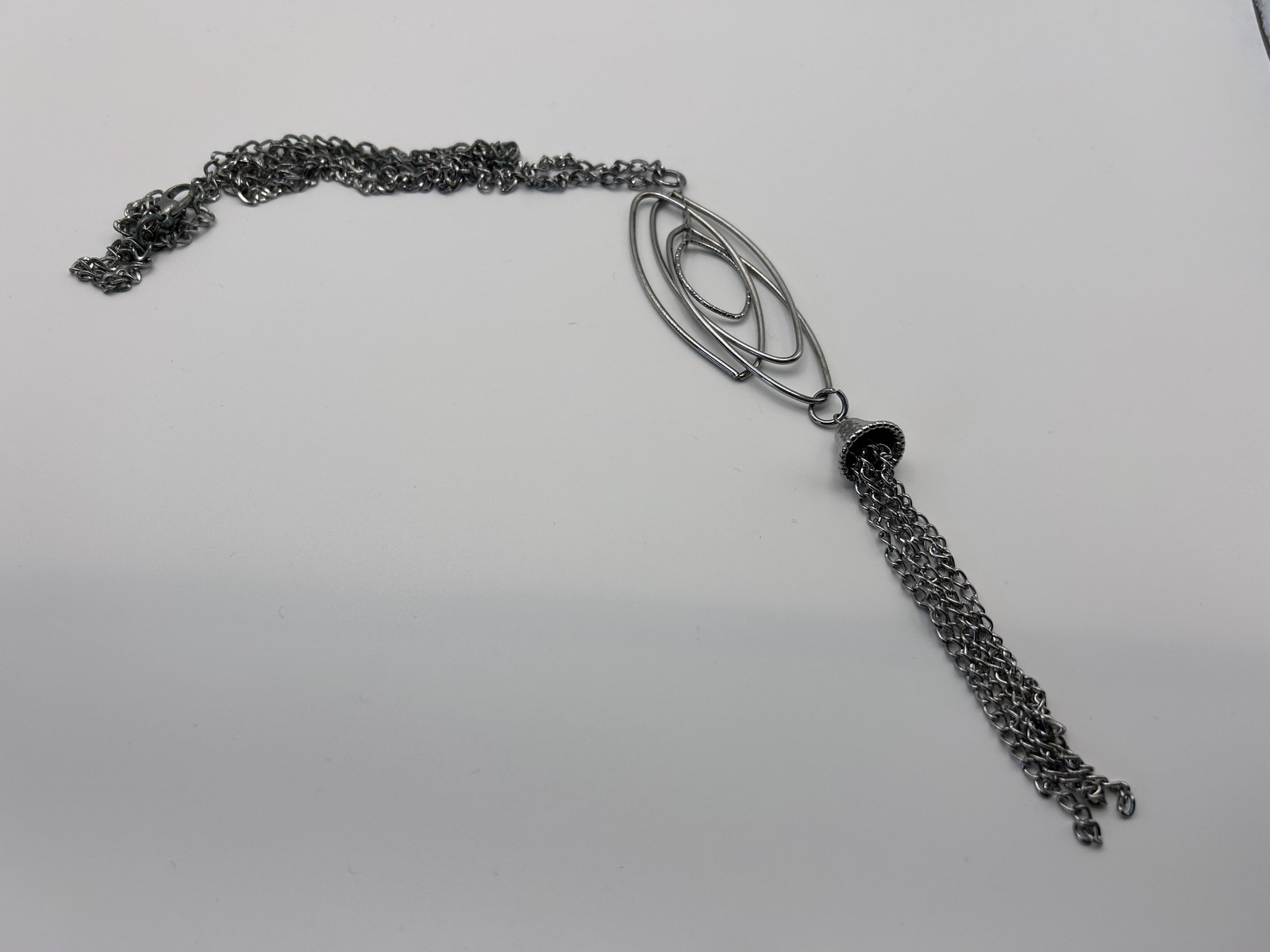Silver Tone Oval Pendant Tassel Fringe Statement Necklace Lobster Clasp 22 In