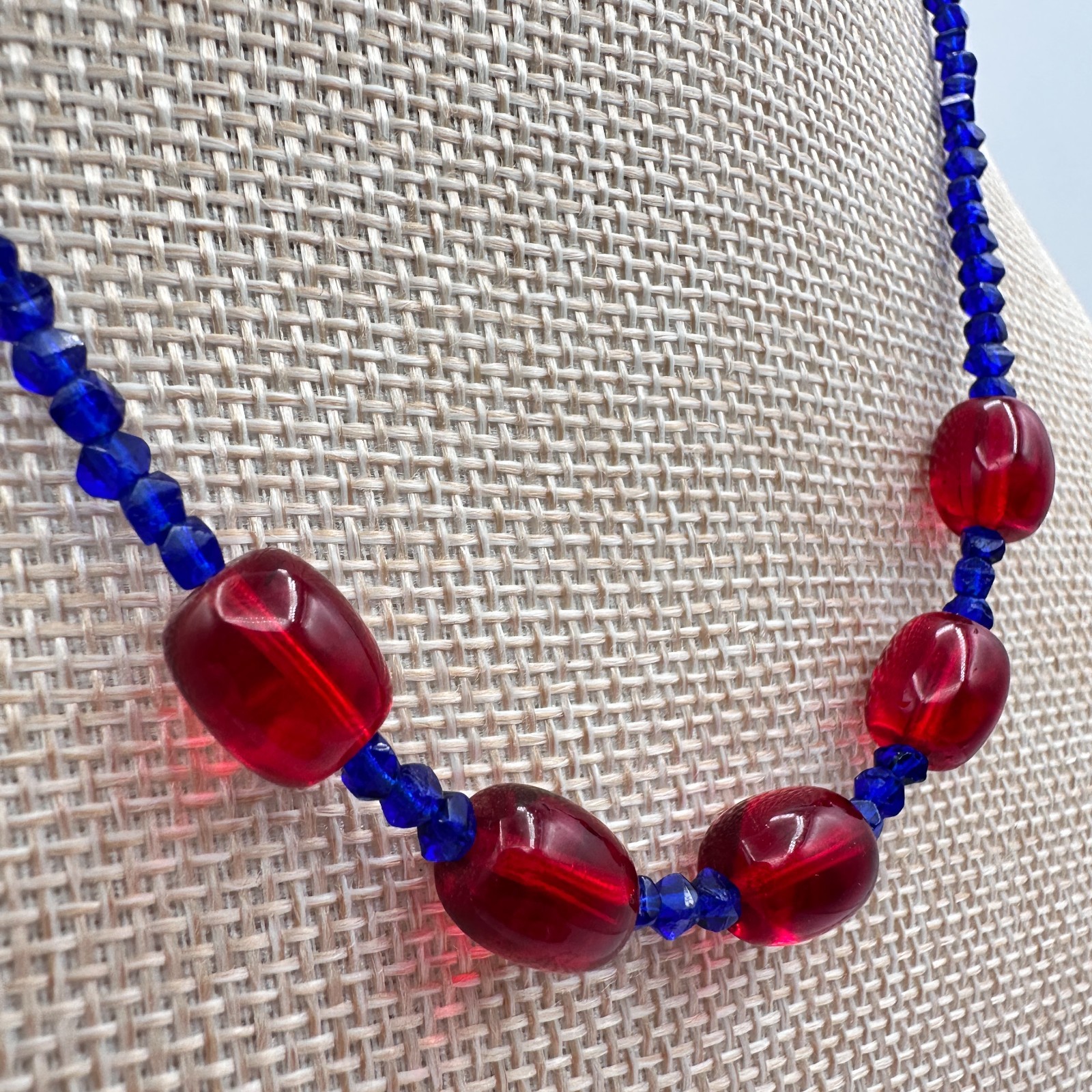 Vintage 70s Blue Seed Beads Necklace Red Glass Barrel Beads Statement Jewelry
