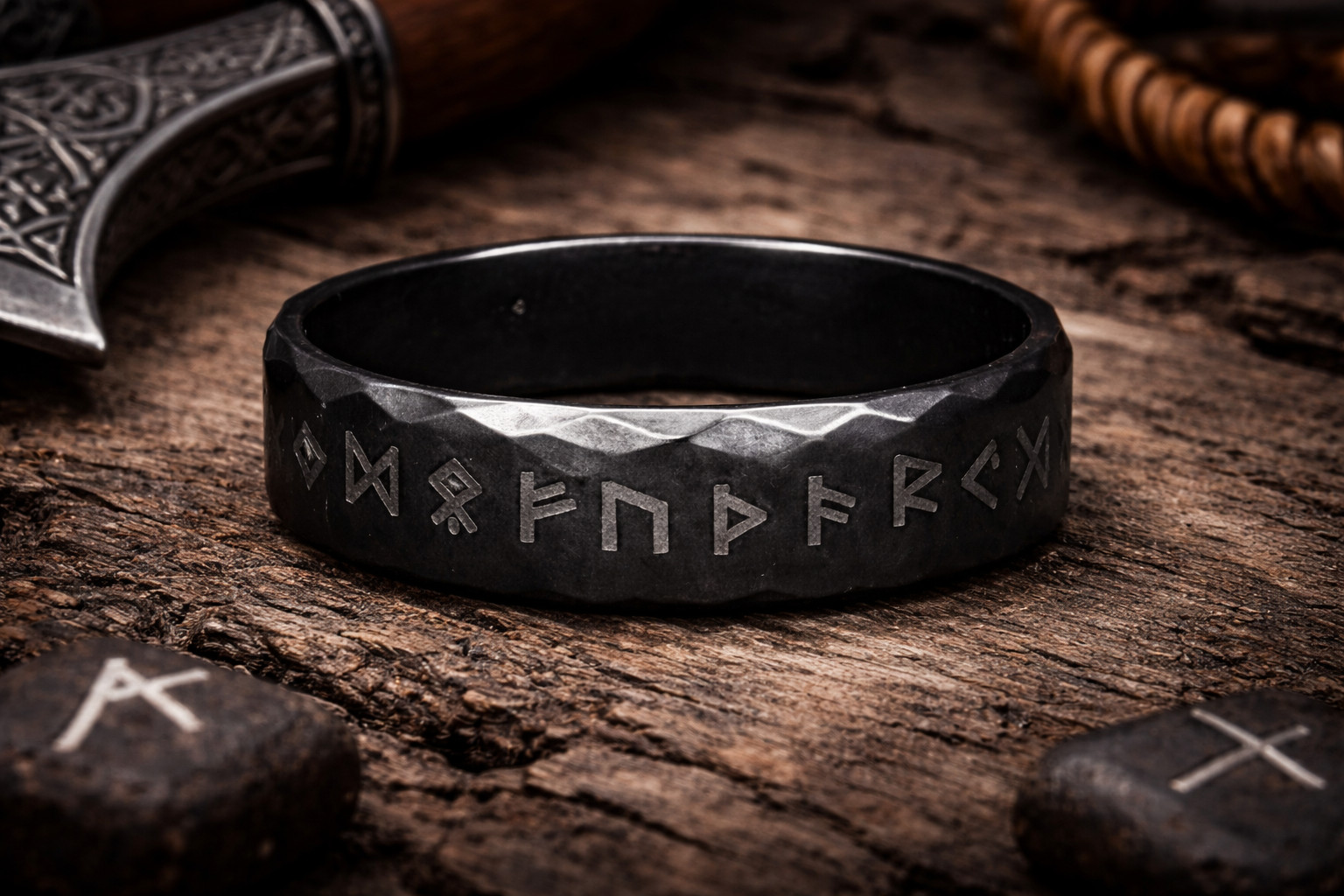 8mm Womens Mens Black Rune Ring Viking Odin Norse Engraved