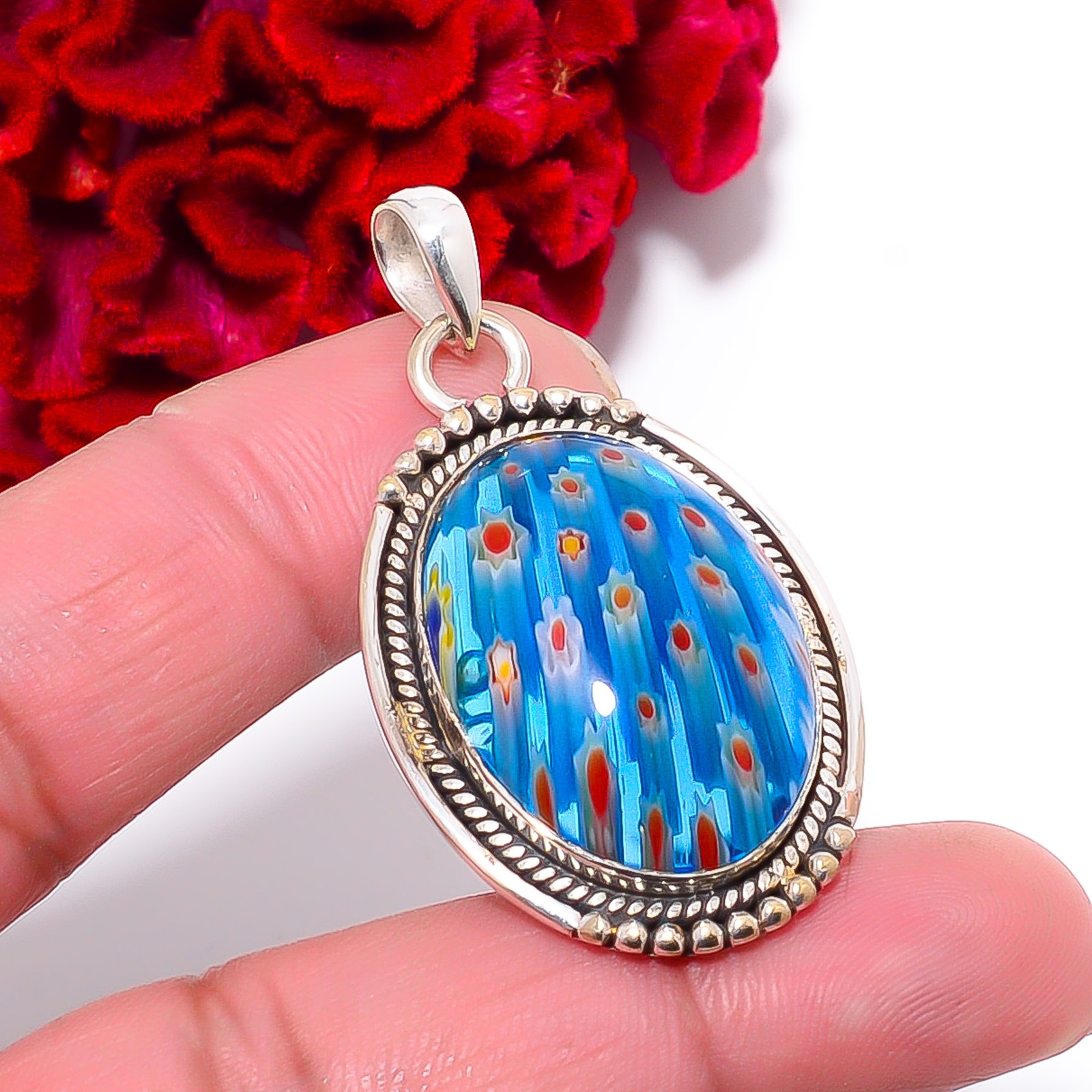 Millefiori Murano Glass Designer Handmade 925 Sterling Silver Pendant 1.87″ P957