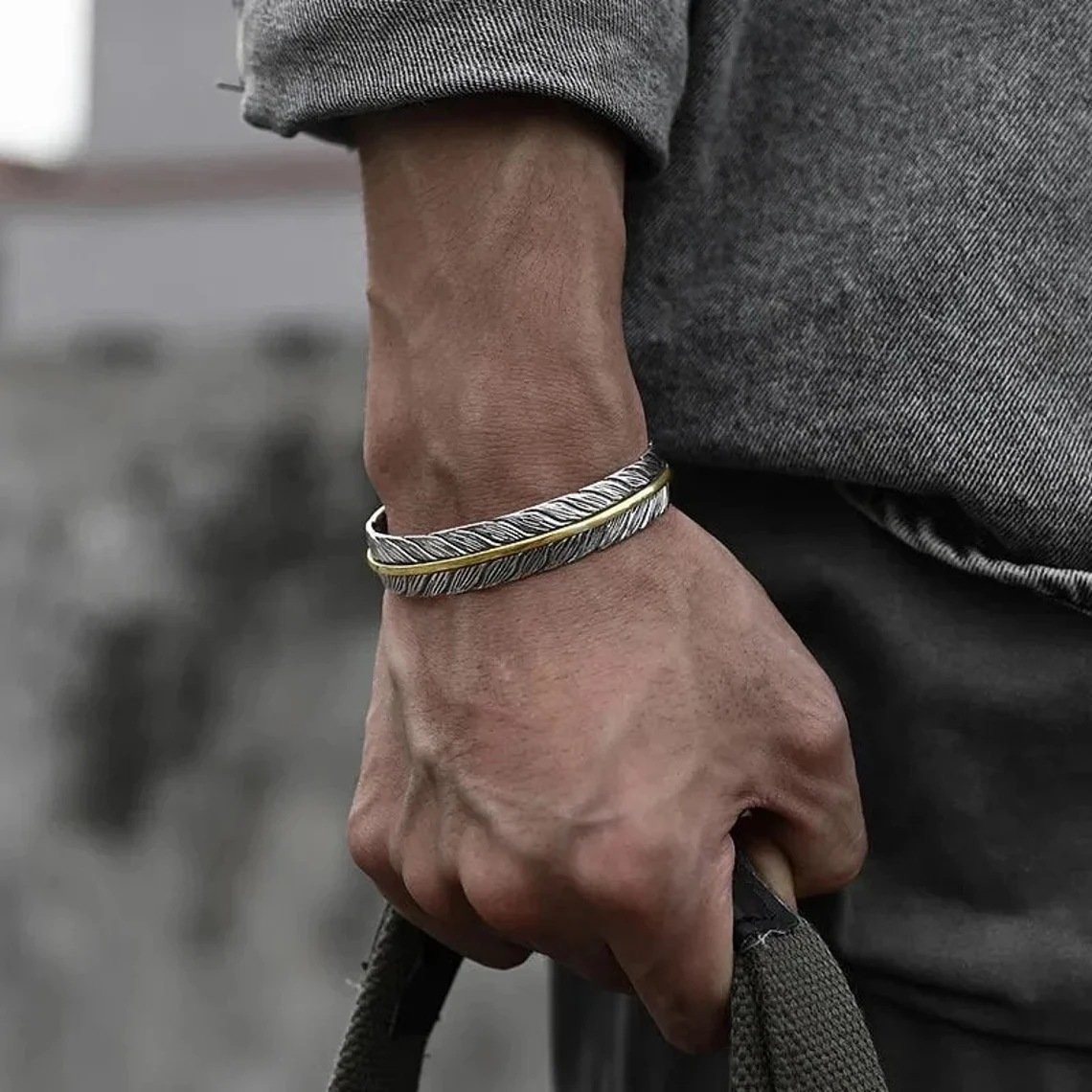 1-2× Men’s Silver Feather Adjustable Bangle Cuff Bracelet Fashion Retro Jewelry