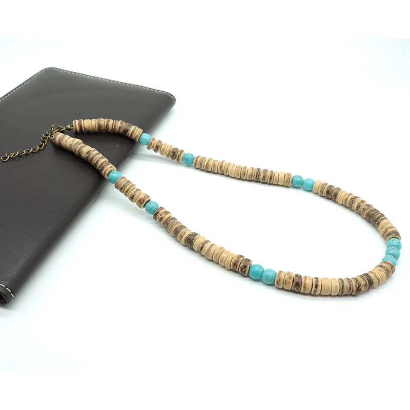 Natural Coconut Wood Necklace 19 Inch Round Bead Rope Chain Men Jewelry