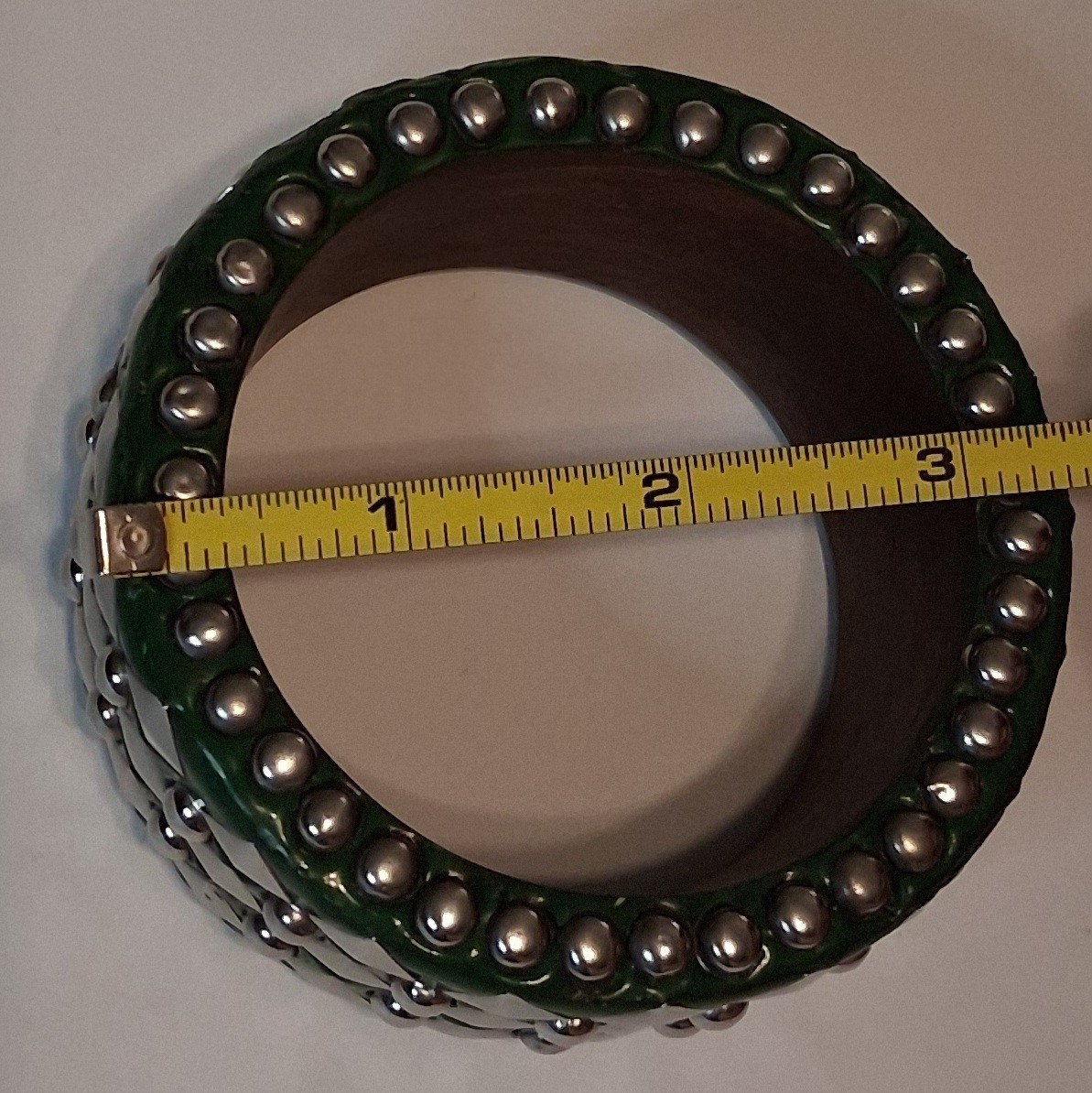 Wide Green Silver Tone Studded Round Bangle Bracelet Wood look No Stone