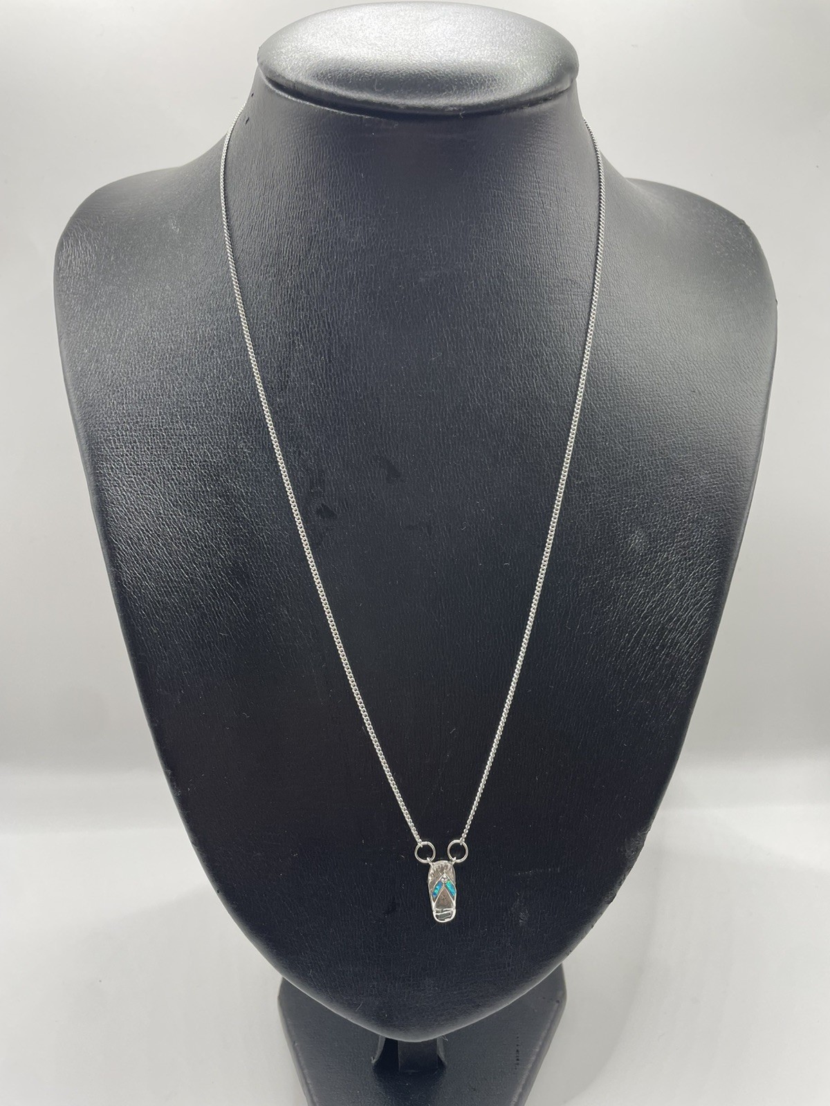 Sterling Silver 925 Flip Flop Necklace Blue Opal Inlay Beach Sandal Pendant