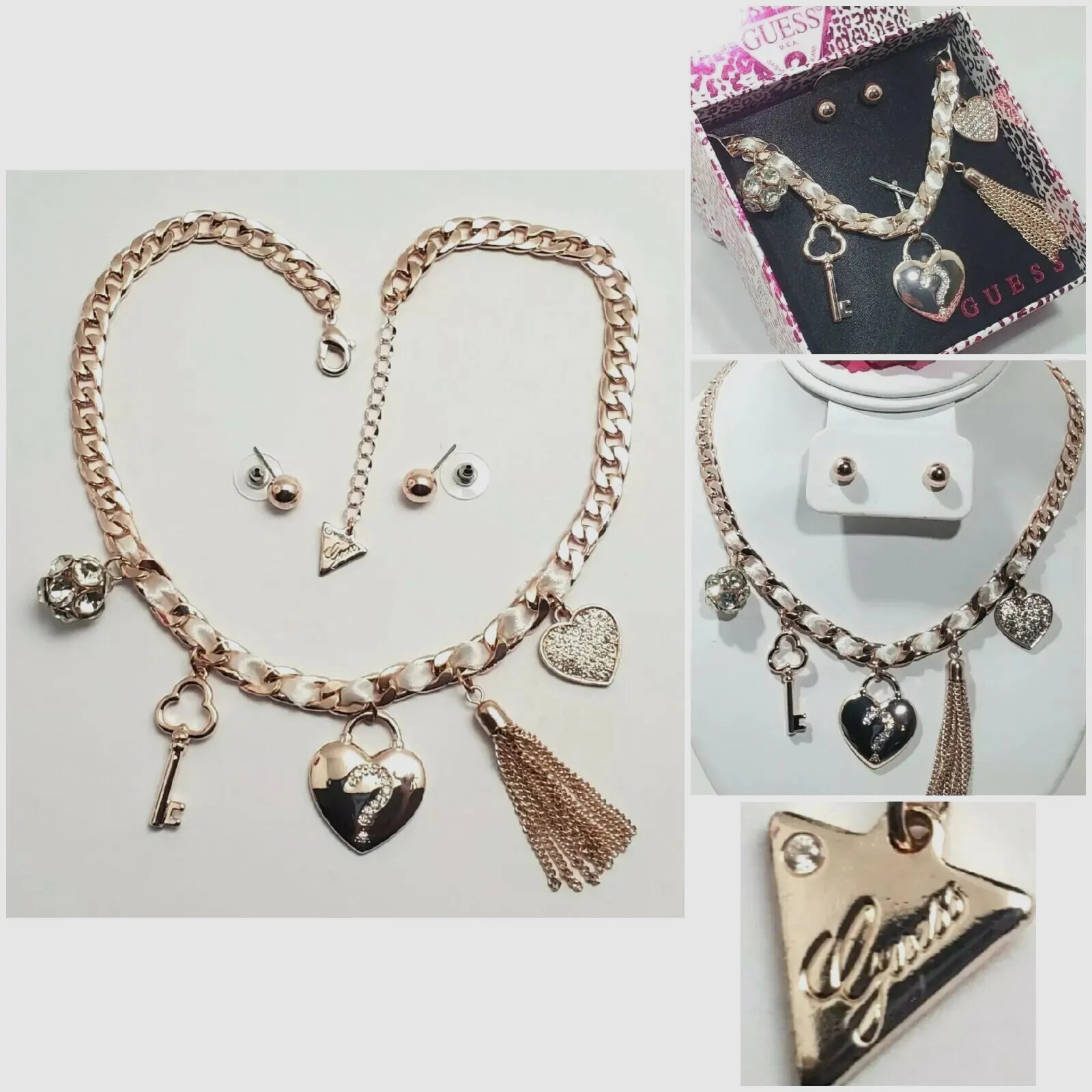 VTG GUESS Charm Necklace Stud Earring Set Rose Gold-Tone Rhinestone