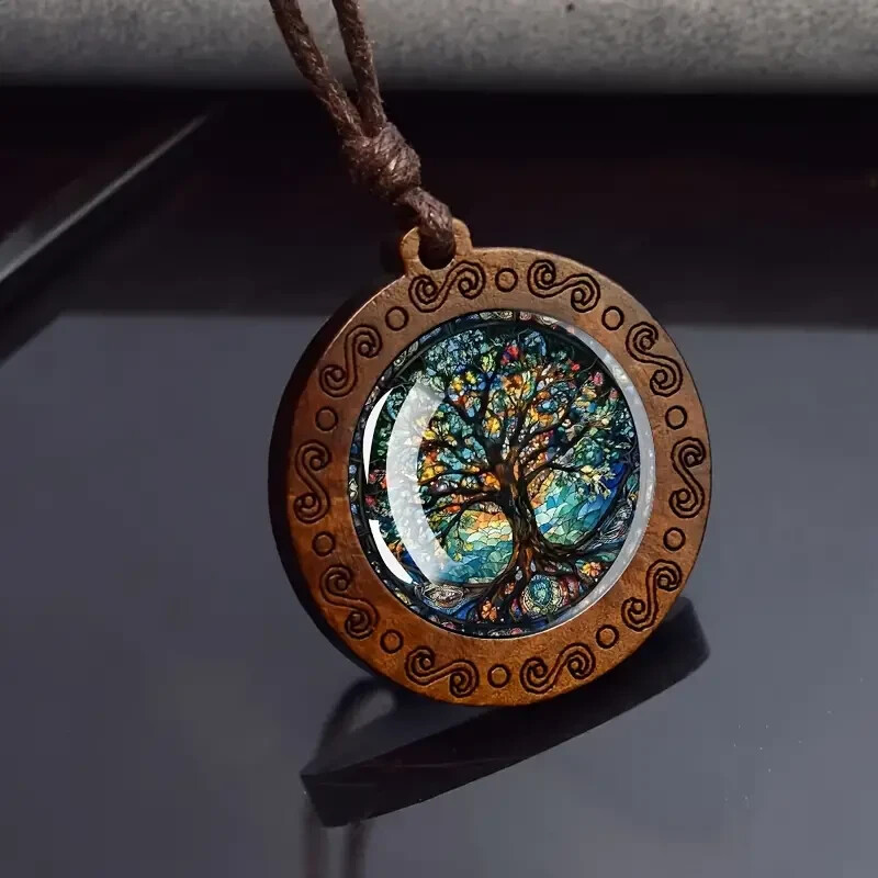 Fashion Life Tree Brown Men Women Pendant Necklace Jewelry Glass Art Wooden Base