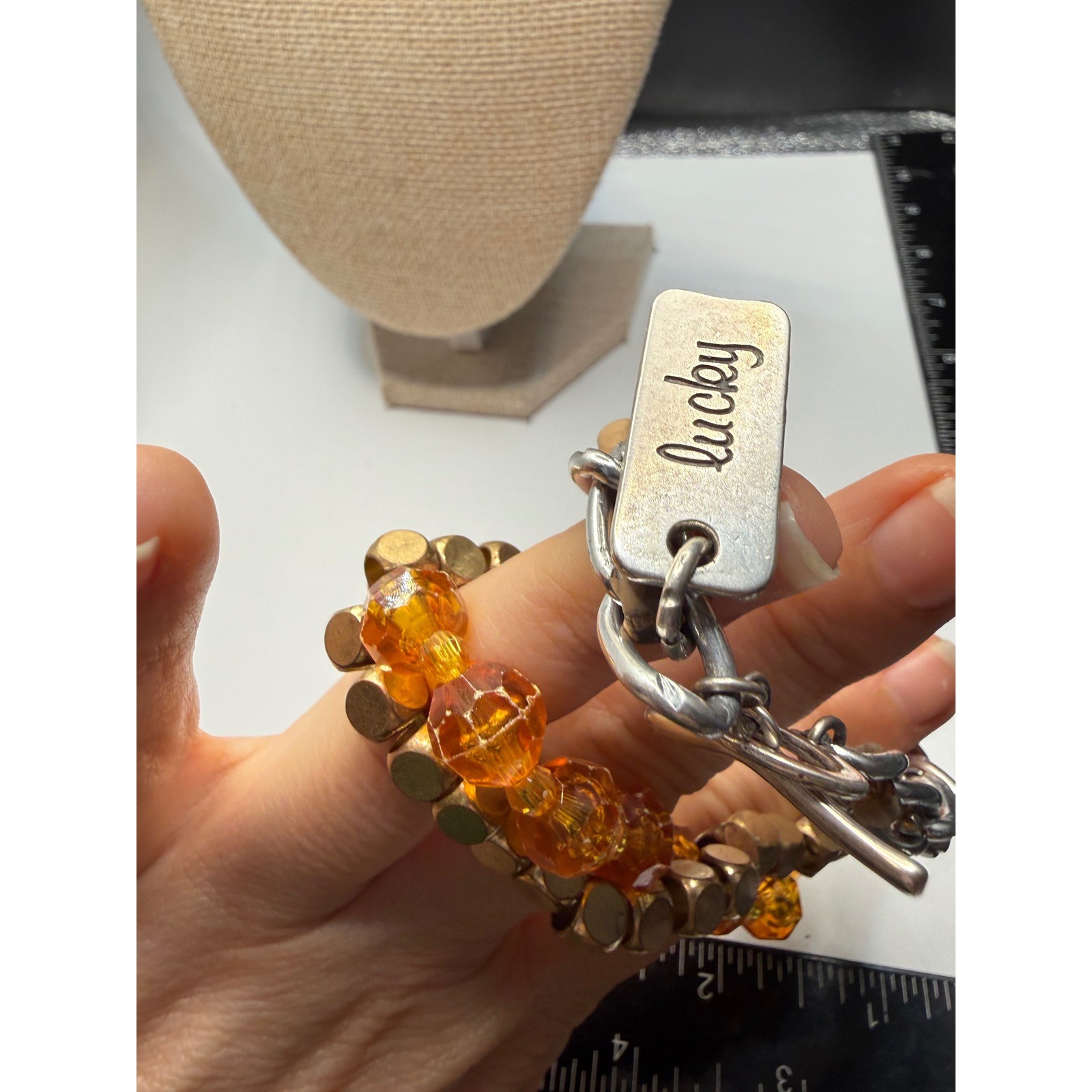 Lucky Brand Bracelet Set 3PC Silver Cork Chain Amber Bead Gold Geometric Boho