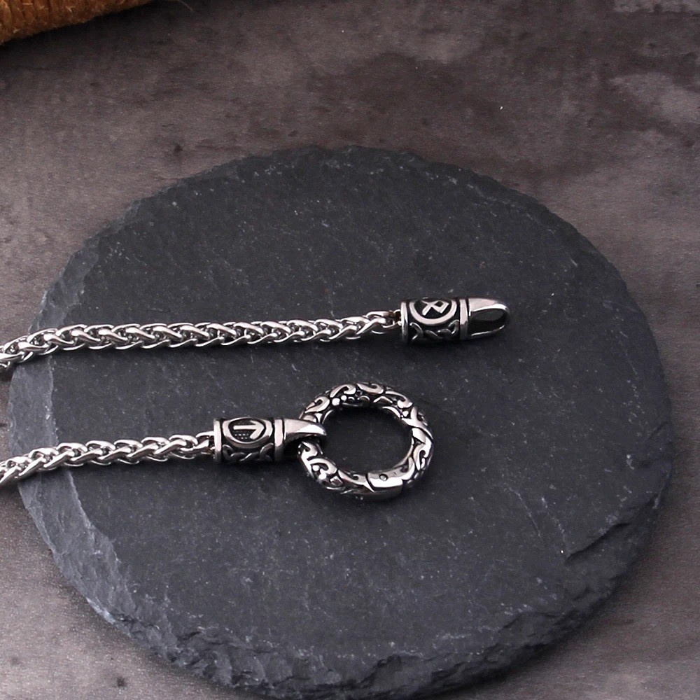 Nordic Viking Rune Open Round Clasp Pendant Necklace Stainless Steel Men Jewelry