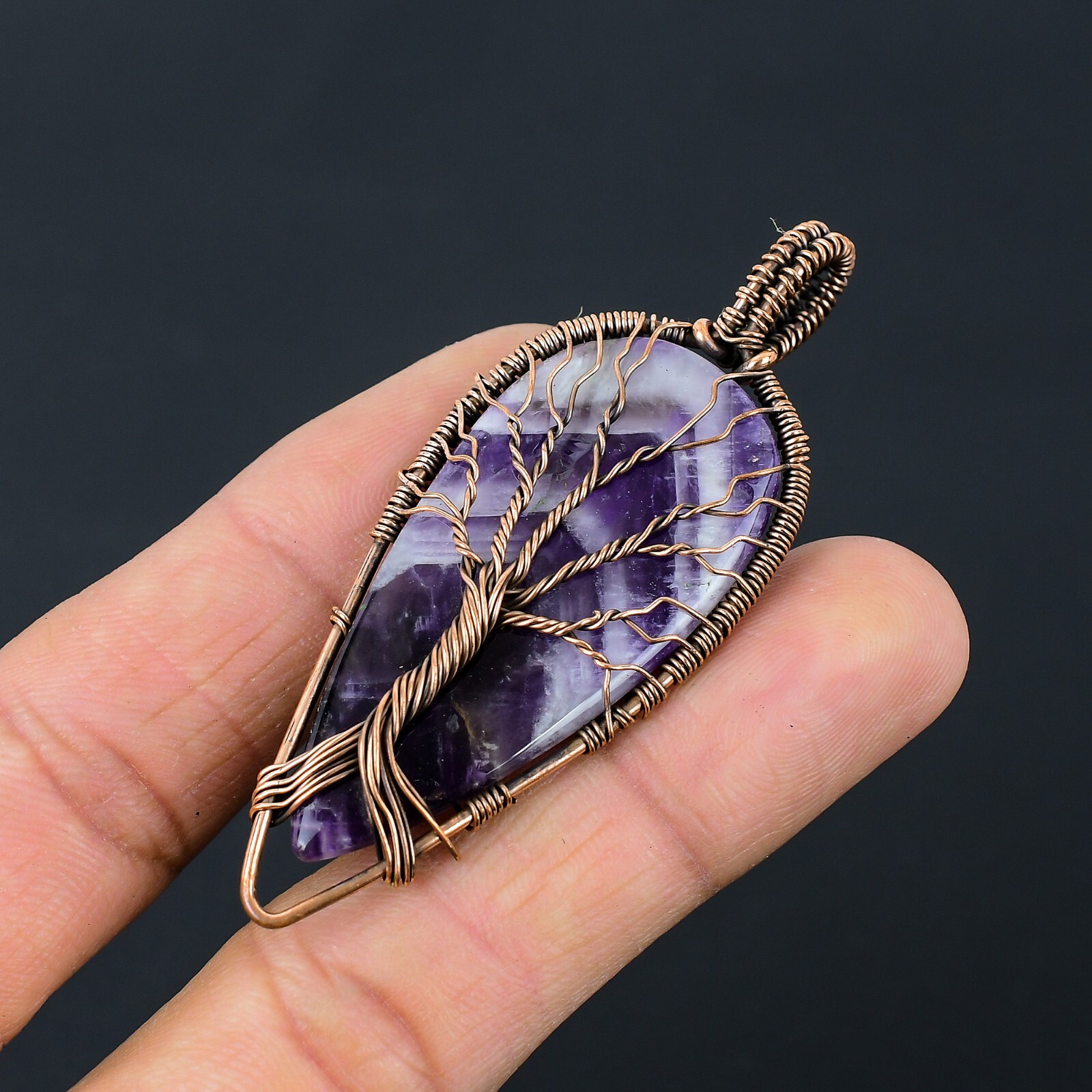 Tree of Love Amethyst Lace Agate Gemstone Copper Wire Pendant Jewelry NP-013