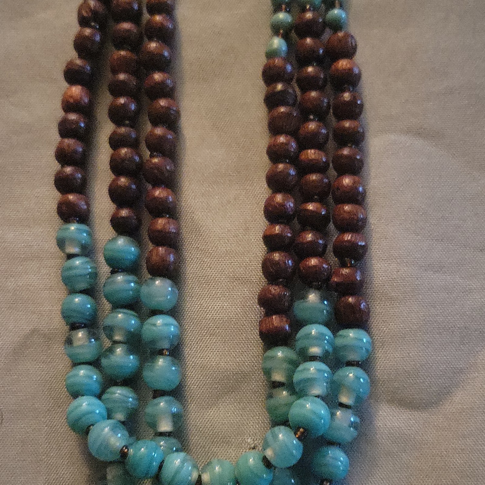 Multi-Strand Blue & Brown Wood Beaded Necklace, Lobster Clasp