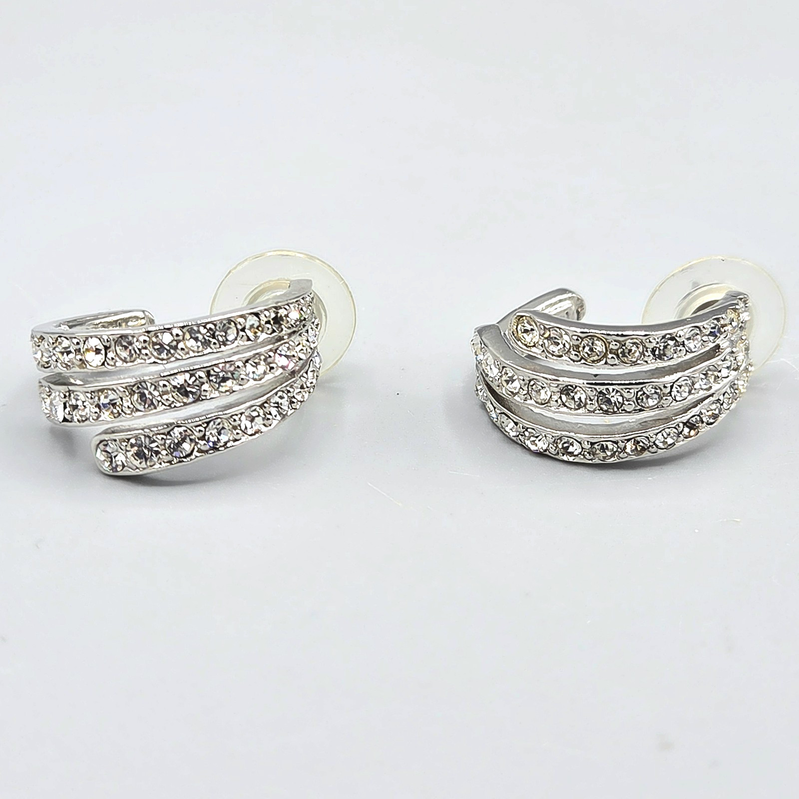 St. John Crystal Pave Rhodium Plate Triple Huggie Hoop Post Earrings