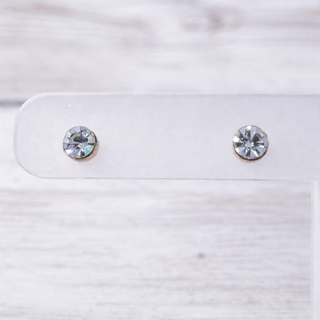 Stud Earrings 0.25″ Round Clear Gem & Gold Tone – Fair Condition
